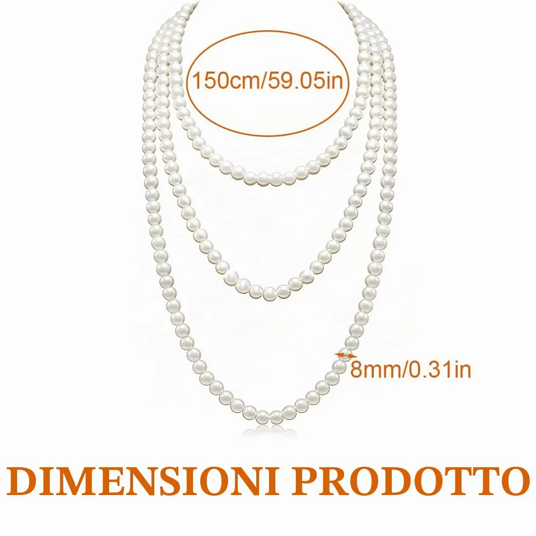 Tomedeks Collana Perle Donna Y2K, 150Cm Lunga, Girocollo Di Perle Del 1920, Imitazione Rotonda, Adatto Per Balli, Feste E Festival (Bianco, A) - immagine 2