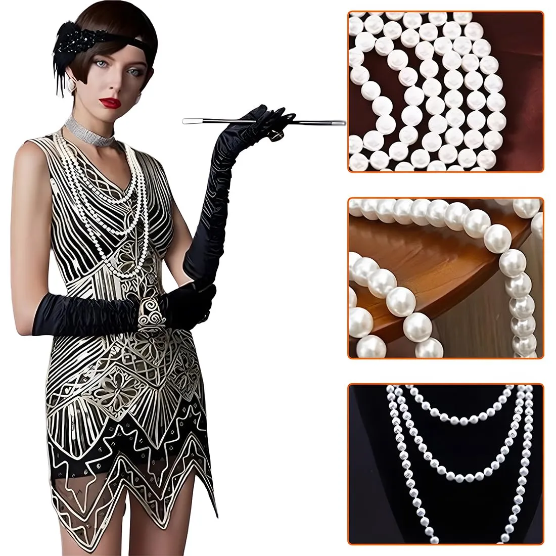 Tomedeks Collana Perle Donna Y2K, 150Cm Lunga, Girocollo Di Perle Del 1920, Imitazione Rotonda, Adatto Per Balli, Feste E Festival (Bianco, A) - immagine 3