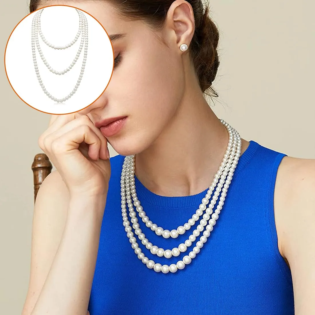 Tomedeks Collana Perle Donna Y2K, 150Cm Lunga, Girocollo Di Perle Del 1920, Imitazione Rotonda, Adatto Per Balli, Feste E Festival (Bianco, A) - immagine 6