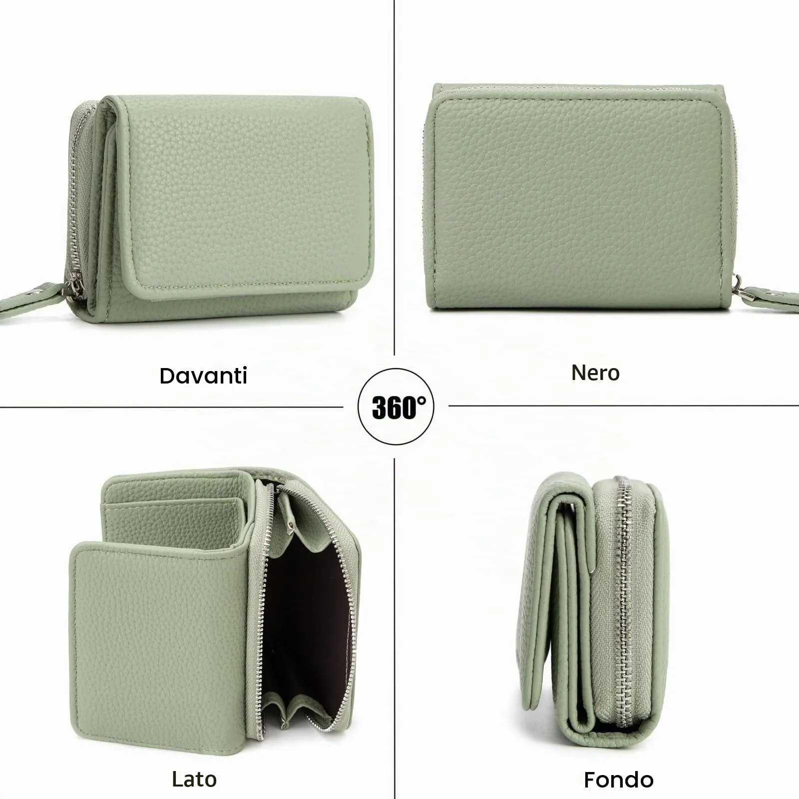 CHAOFANXI Portafoglio Donna Piccolo in Pelle da Donna, Portamonete Piccoli Trifold Piccola Corto Portamonete con 6 Scomparti per Carte con 1 Sezione di Fattura e 1 Tasca con Cerniera, Verde - immagine 3