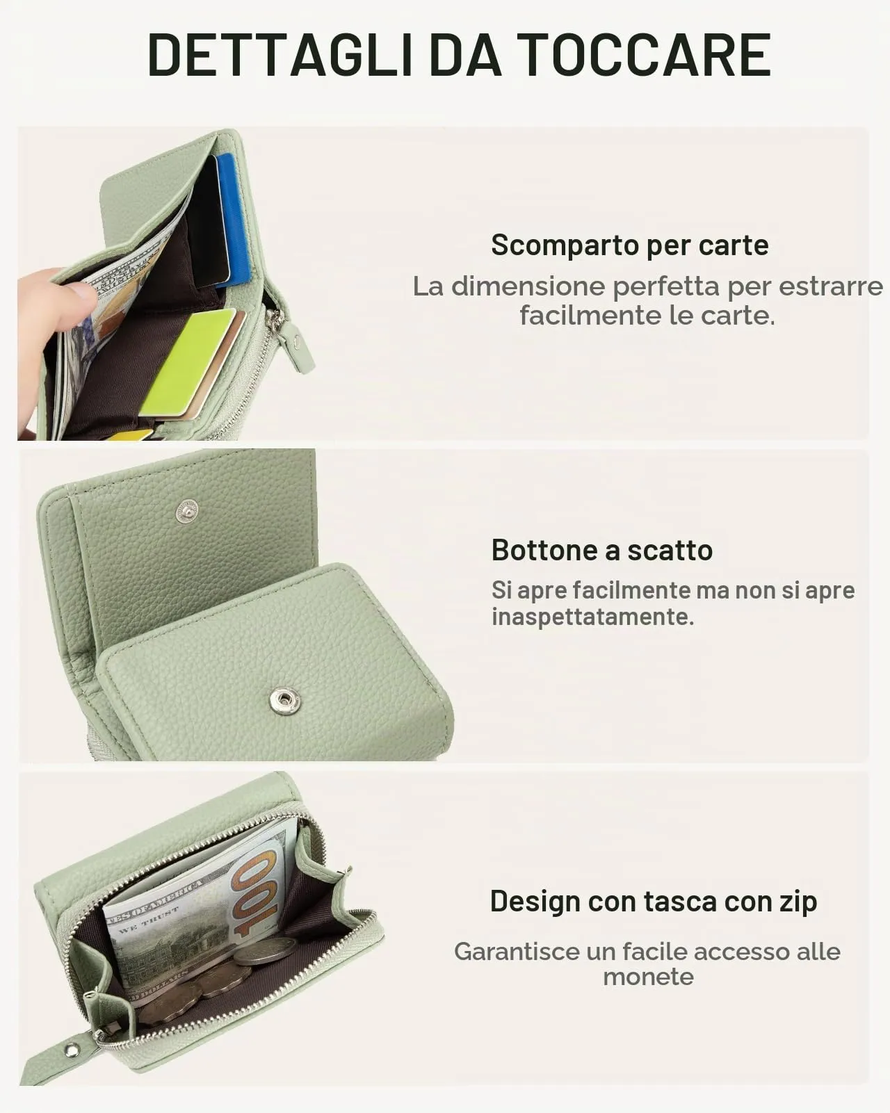 CHAOFANXI Portafoglio Donna Piccolo in Pelle da Donna, Portamonete Piccoli Trifold Piccola Corto Portamonete con 6 Scomparti per Carte con 1 Sezione di Fattura e 1 Tasca con Cerniera, Verde - immagine 5