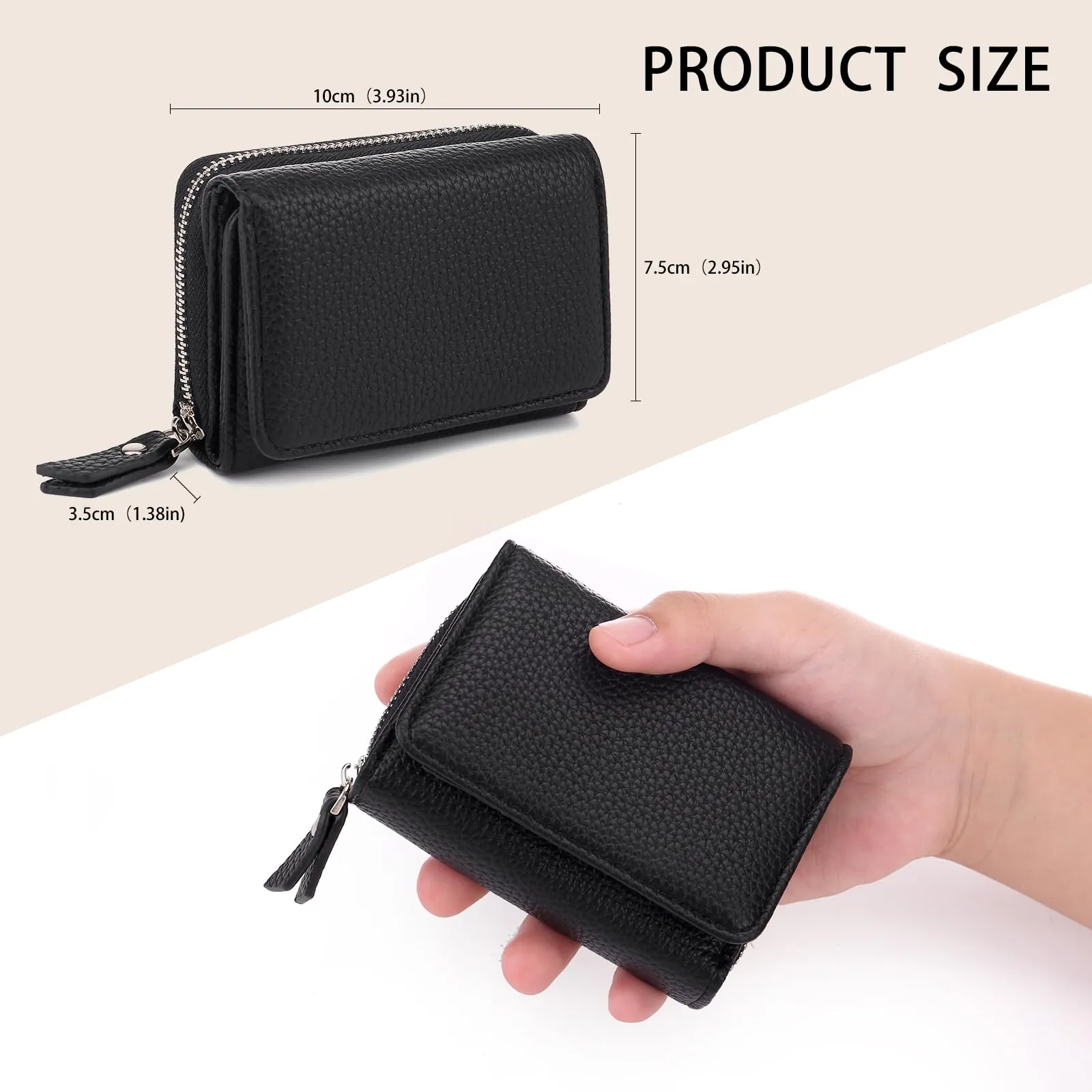 CHAOFANXI Portafoglio Donna Piccolo in Pelle da Donna, Portamonete Piccoli Trifold Piccola Corto Portamonete con 6 Scomparti per Carte con 1 Sezione di Fattura e 1 Tasca con Cerniera, Nero - immagine 3