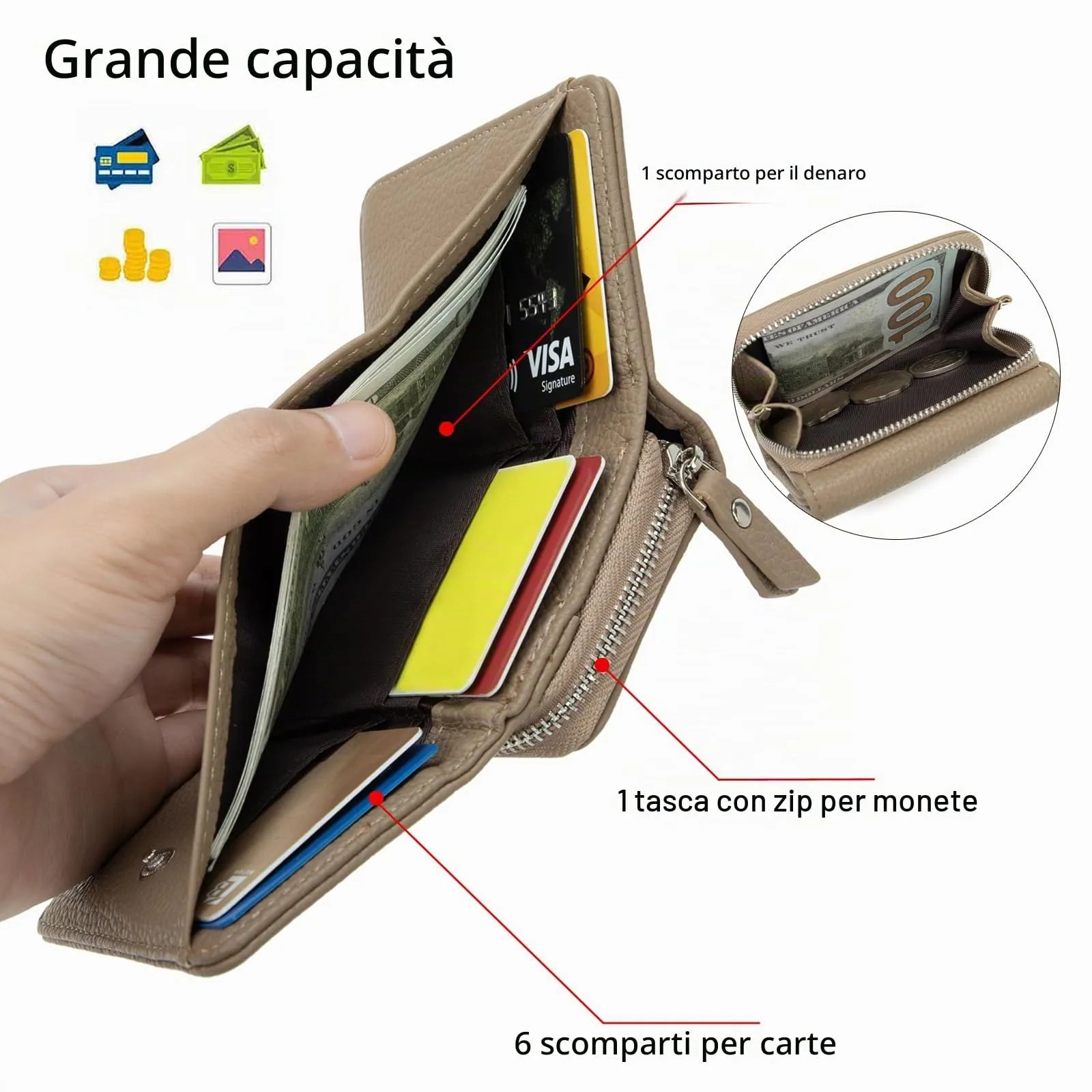 CHAOFANXI Portafoglio Donna Piccolo in Pelle da Donna, Portamonete Piccoli Trifold Piccola Corto Portamonete con 6 Scomparti per Carte con 1 Sezione di Fattura e 1 Tasca con Cerniera, Albicocca - immagine 4