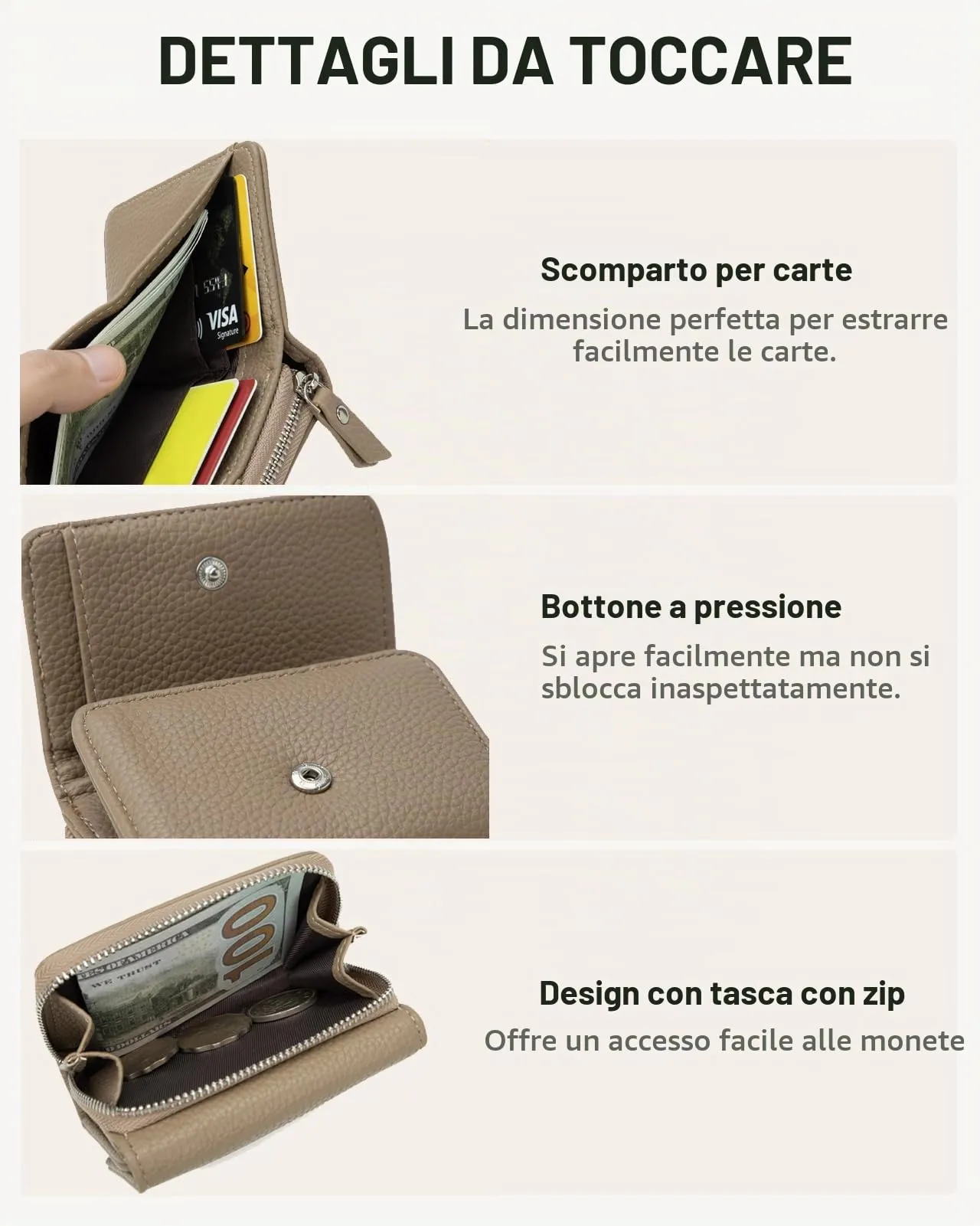 CHAOFANXI Portafoglio Donna Piccolo in Pelle da Donna, Portamonete Piccoli Trifold Piccola Corto Portamonete con 6 Scomparti per Carte con 1 Sezione di Fattura e 1 Tasca con Cerniera, Albicocca - immagine 5