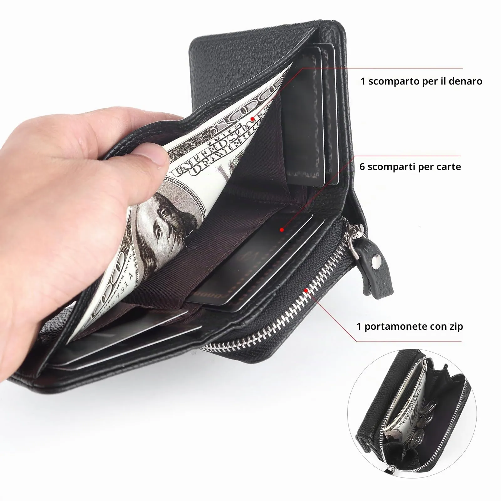 CHAOFANXI Portafoglio Donna Piccolo in Pelle da Donna, Portamonete Piccoli Trifold Piccola Corto Portamonete con 6 Scomparti per Carte con 1 Sezione di Fattura e 1 Tasca con Cerniera, Rosso - immagine 4