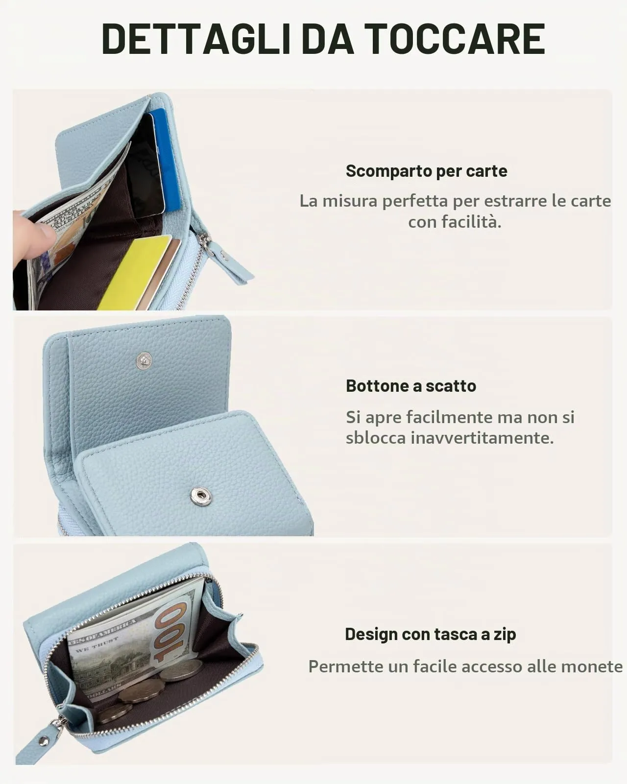 CHAOFANXI Portafoglio Donna Piccolo in Pelle da Donna, Portamonete Piccoli Trifold Piccola Corto Portamonete con 6 Scomparti per Carte con 1 Sezione di Fattura e 1 Tasca con Cerniera,Blu - immagine 5