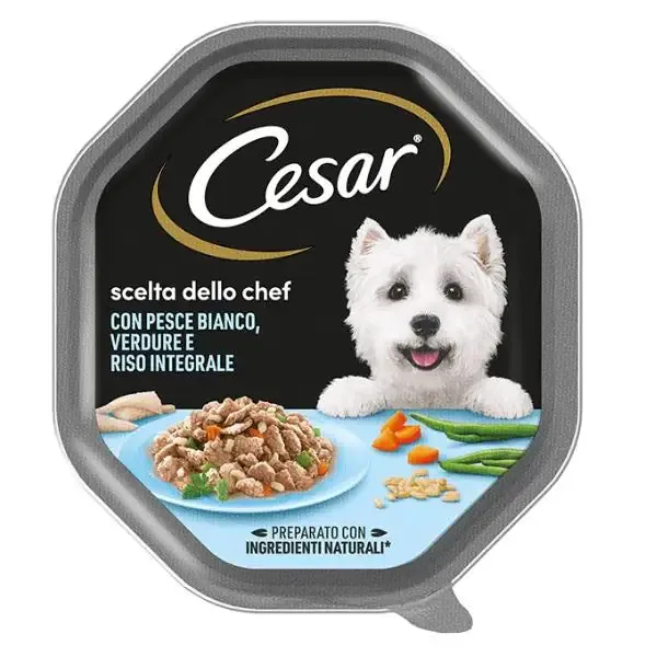 Cesar Scelta dello Chef 150 gr per cani di taglia piccola Pesce bianco con riso integrale e verdure - confezione da 14 pezzi - Cibo umido per cani - immagine 1