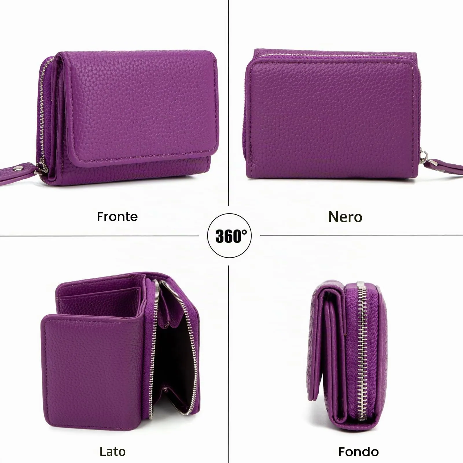 CHAOFANXI Portafoglio Donna Piccolo in Pelle da Donna, Portamonete Piccoli Trifold Piccola Corto Portamonete con 6 Scomparti per Carte con 1 Sezione di Fattura e 1 Tasca con Cerniera,Viola - immagine 3