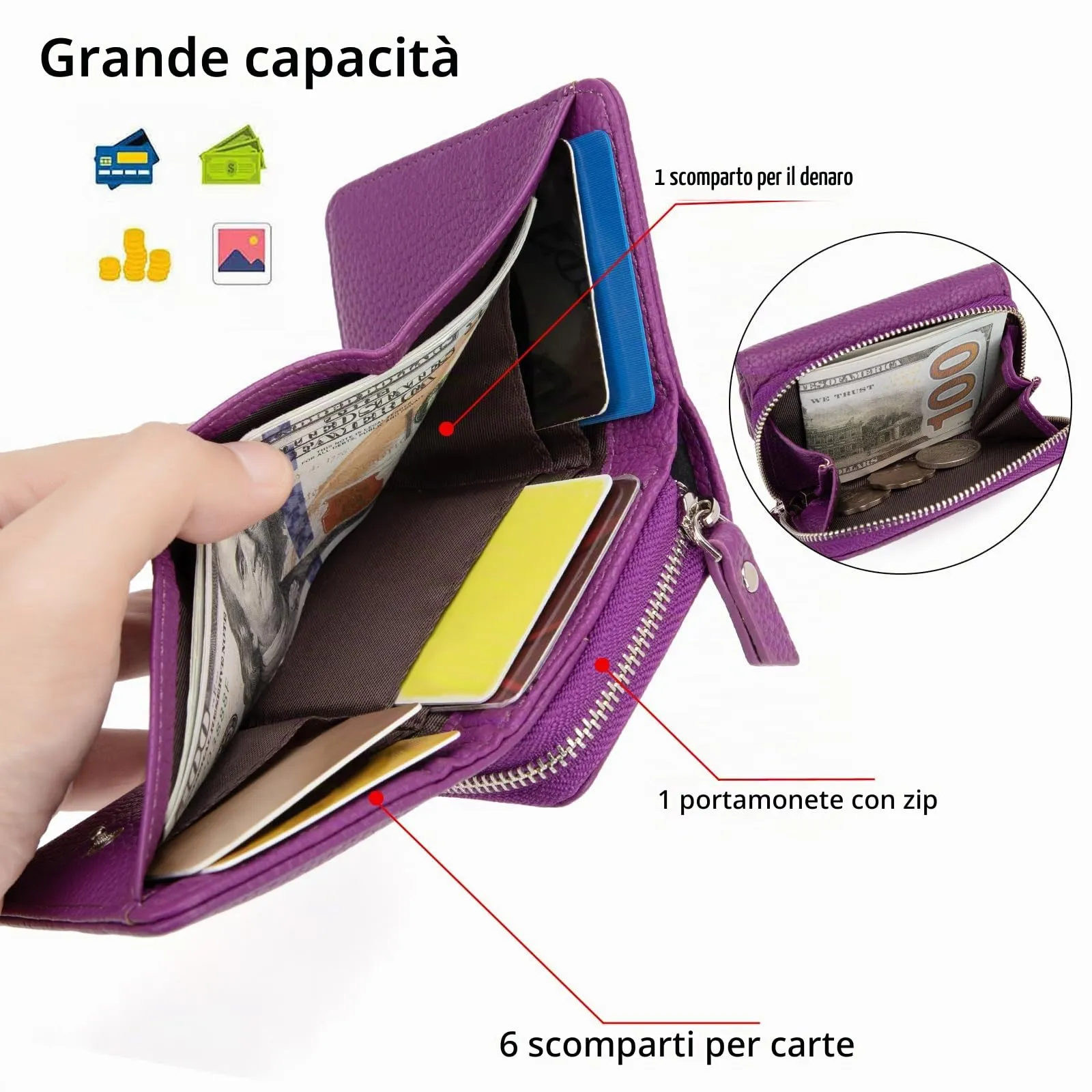 CHAOFANXI Portafoglio Donna Piccolo in Pelle da Donna, Portamonete Piccoli Trifold Piccola Corto Portamonete con 6 Scomparti per Carte con 1 Sezione di Fattura e 1 Tasca con Cerniera,Viola - immagine 4