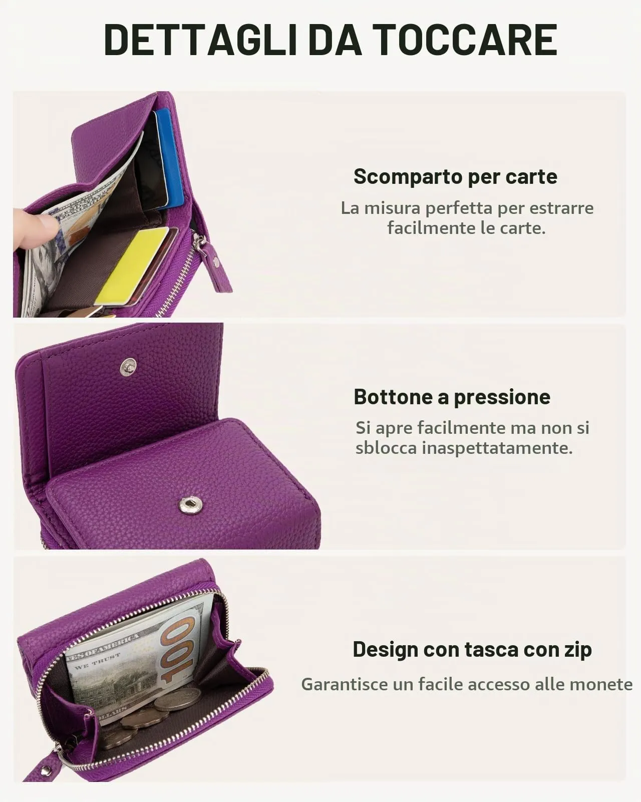 CHAOFANXI Portafoglio Donna Piccolo in Pelle da Donna, Portamonete Piccoli Trifold Piccola Corto Portamonete con 6 Scomparti per Carte con 1 Sezione di Fattura e 1 Tasca con Cerniera,Viola - immagine 5