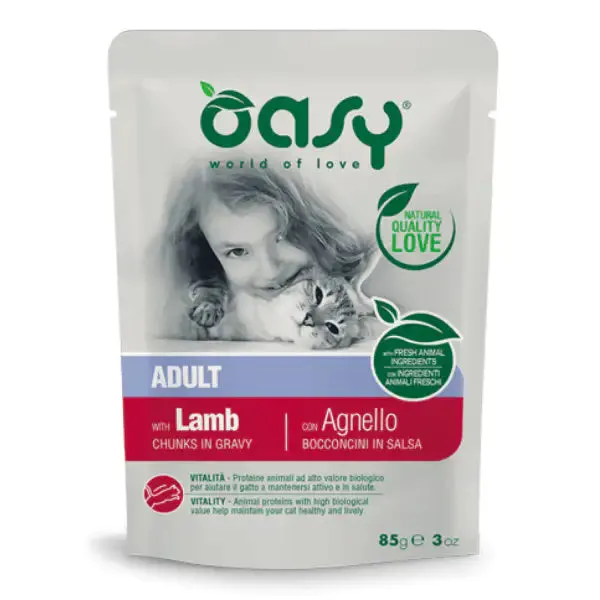Oasy Cat Adult Bocconcini in salsa 85 gr Agnello - confezione da 12 pezzi - Cibo umido per gatti - immagine 1