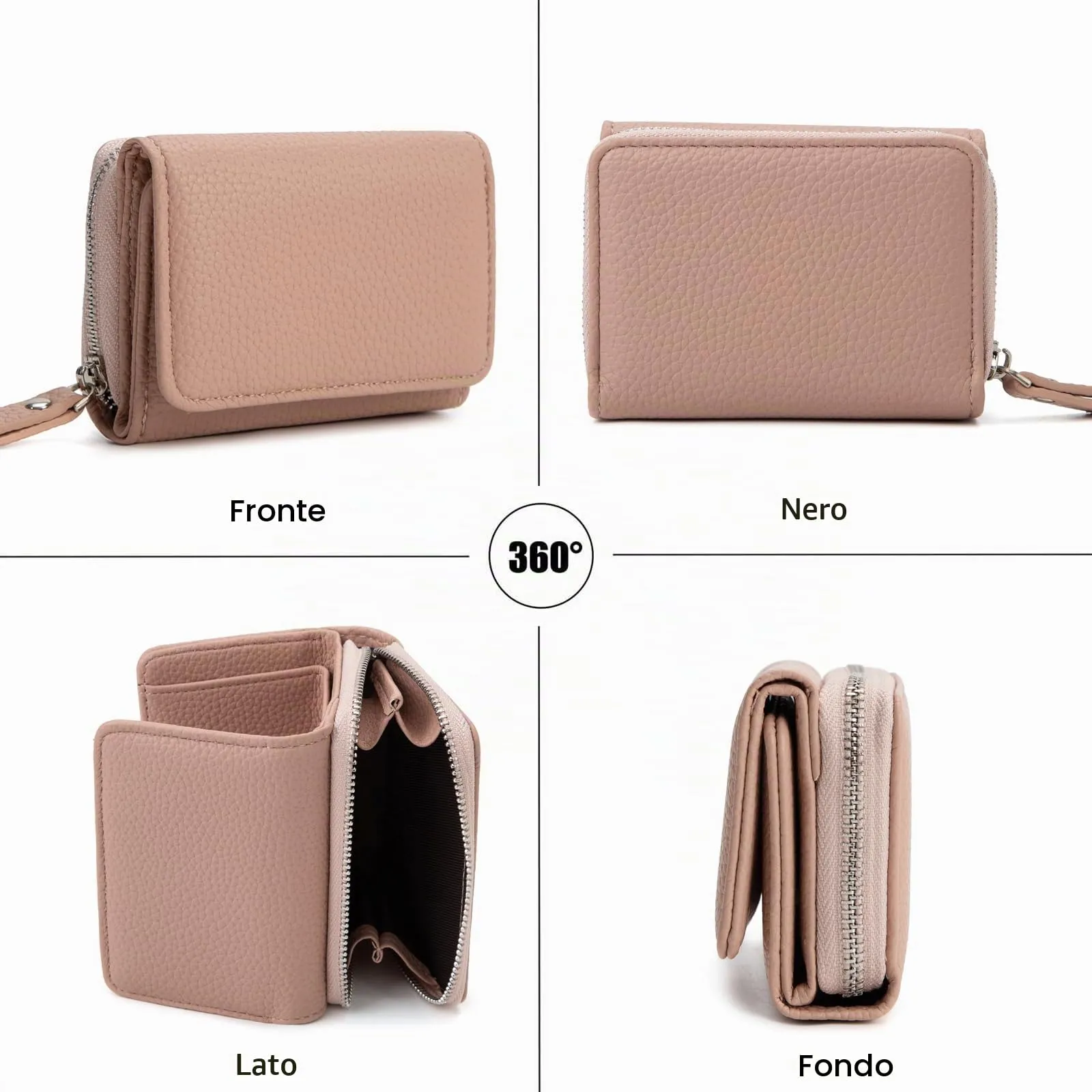CHAOFANXI Portafoglio Donna Piccolo in Pelle da Donna, Portamonete Piccoli Trifold Piccola Corto Portamonete con 6 Scomparti per Carte con 1 Sezione di Fattura e 1 Tasca con Cerniera, Rosa - immagine 3