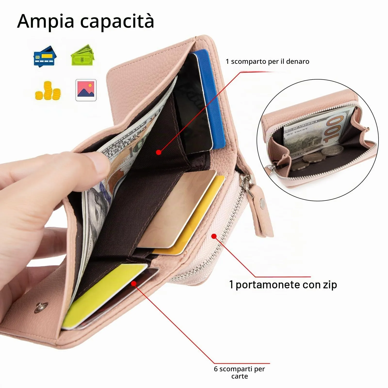 CHAOFANXI Portafoglio Donna Piccolo in Pelle da Donna, Portamonete Piccoli Trifold Piccola Corto Portamonete con 6 Scomparti per Carte con 1 Sezione di Fattura e 1 Tasca con Cerniera, Rosa - immagine 4