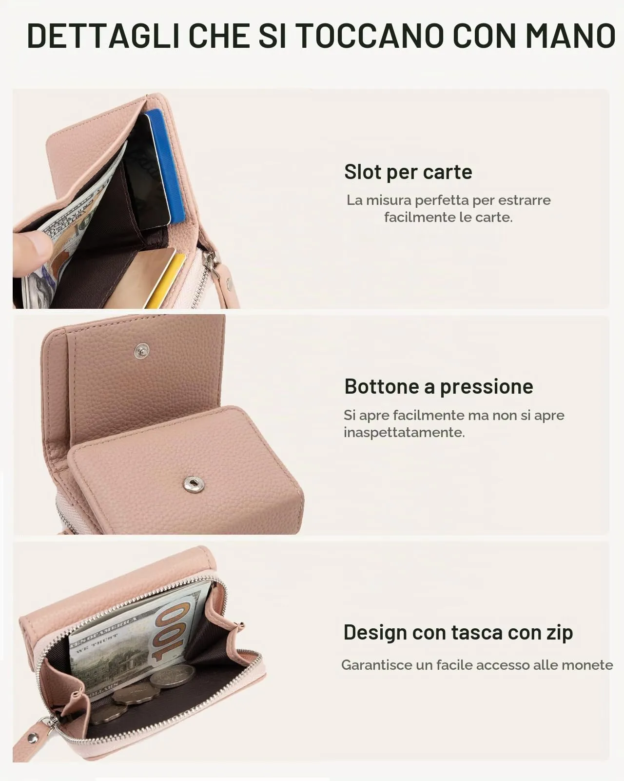 CHAOFANXI Portafoglio Donna Piccolo in Pelle da Donna, Portamonete Piccoli Trifold Piccola Corto Portamonete con 6 Scomparti per Carte con 1 Sezione di Fattura e 1 Tasca con Cerniera, Rosa - immagine 5