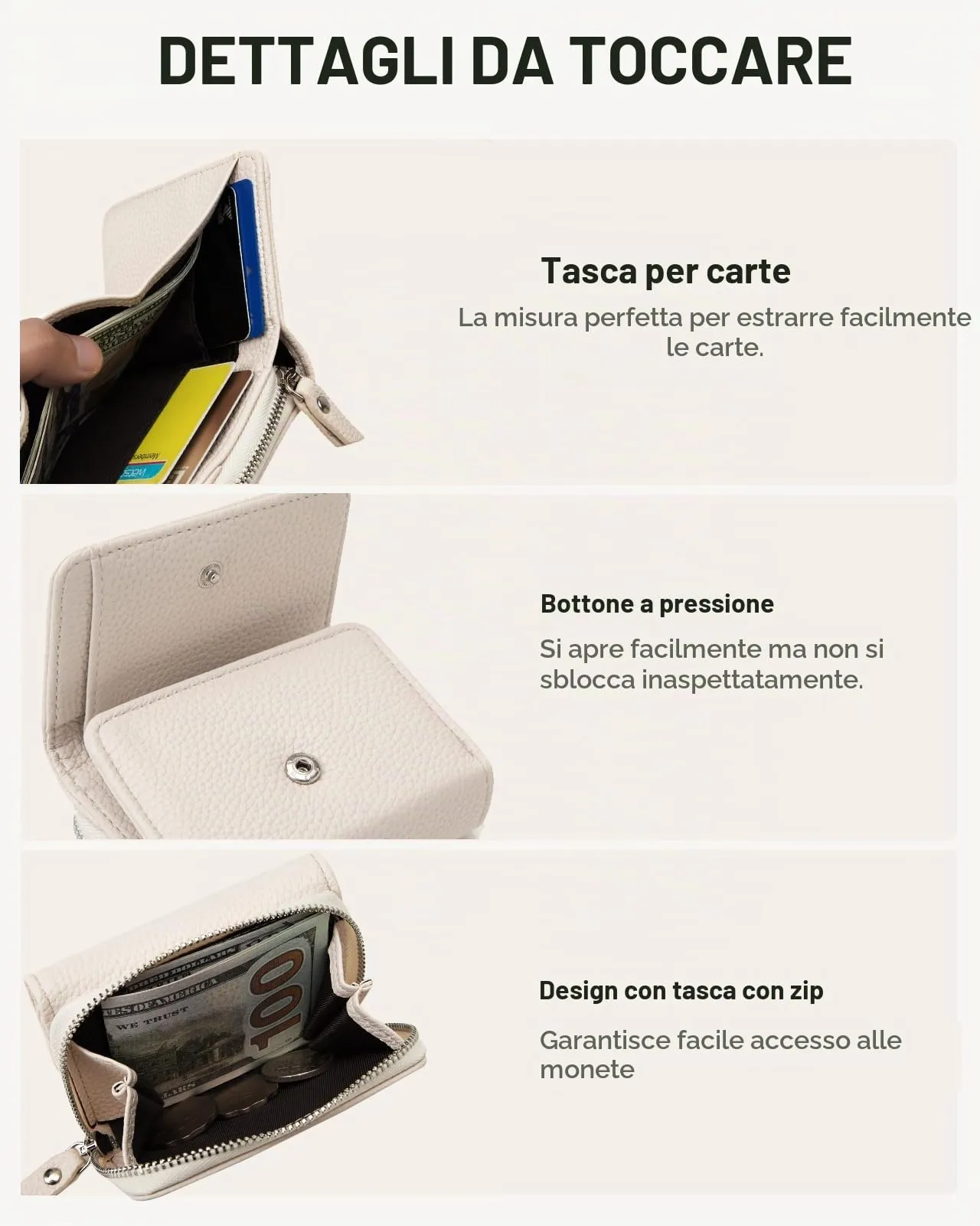 CHAOFANXI Portafoglio Donna Piccolo in Pelle da Donna, Portamonete Piccoli Trifold Piccola Corto Portamonete con 6 Scomparti per Carte con 1 Sezione di Fattura e 1 Tasca con Cerniera,Bianco - immagine 5