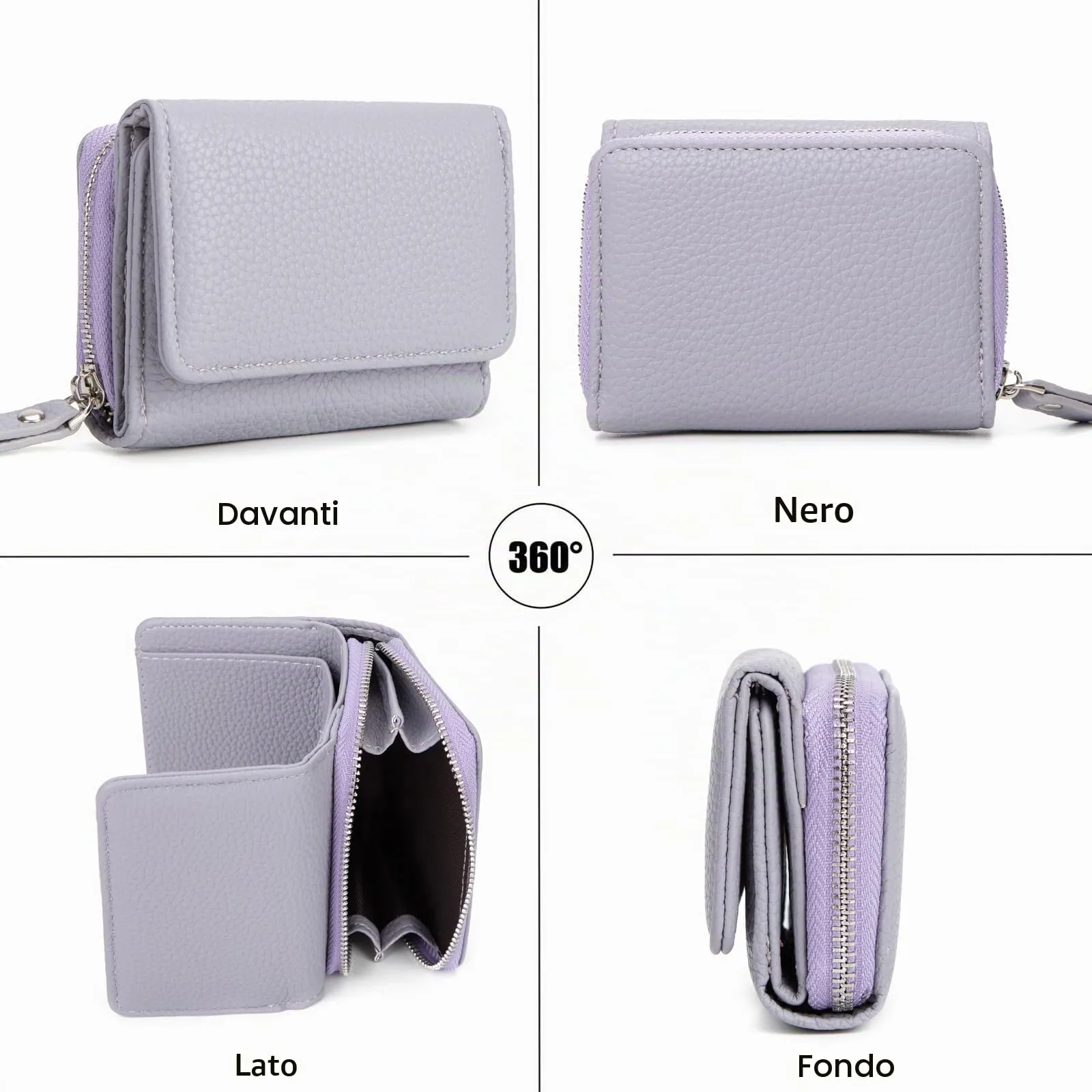 CHAOFANXI Portafoglio Donna Piccolo in Pelle da Donna, Portamonete Piccoli Trifold Piccola Corto Portamonete con 6 Scomparti per Carte con 1 Sezione di Fattura e 1 Tasca con Cerniera,Viola Chiaro - immagine 2