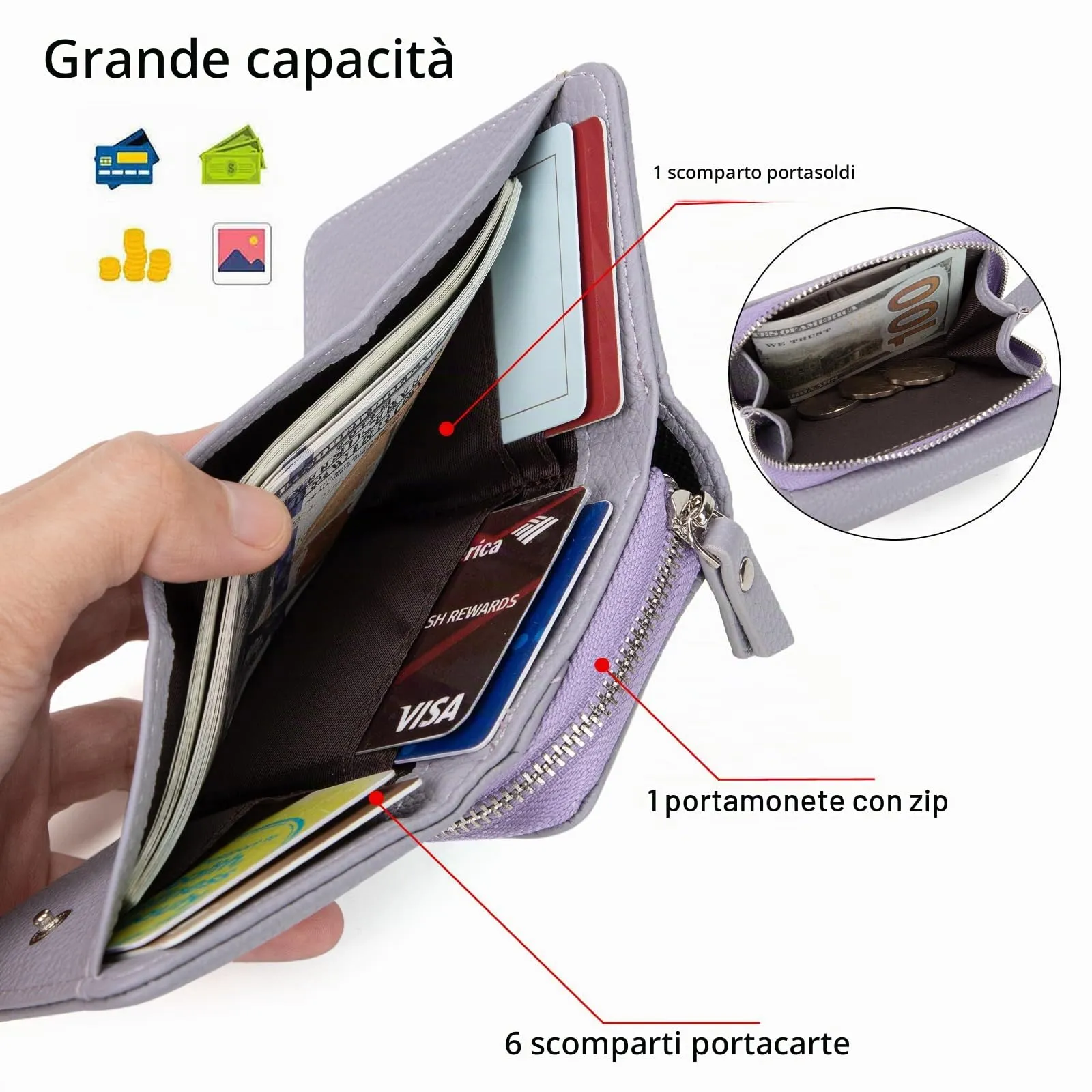 CHAOFANXI Portafoglio Donna Piccolo in Pelle da Donna, Portamonete Piccoli Trifold Piccola Corto Portamonete con 6 Scomparti per Carte con 1 Sezione di Fattura e 1 Tasca con Cerniera,Viola Chiaro - immagine 4