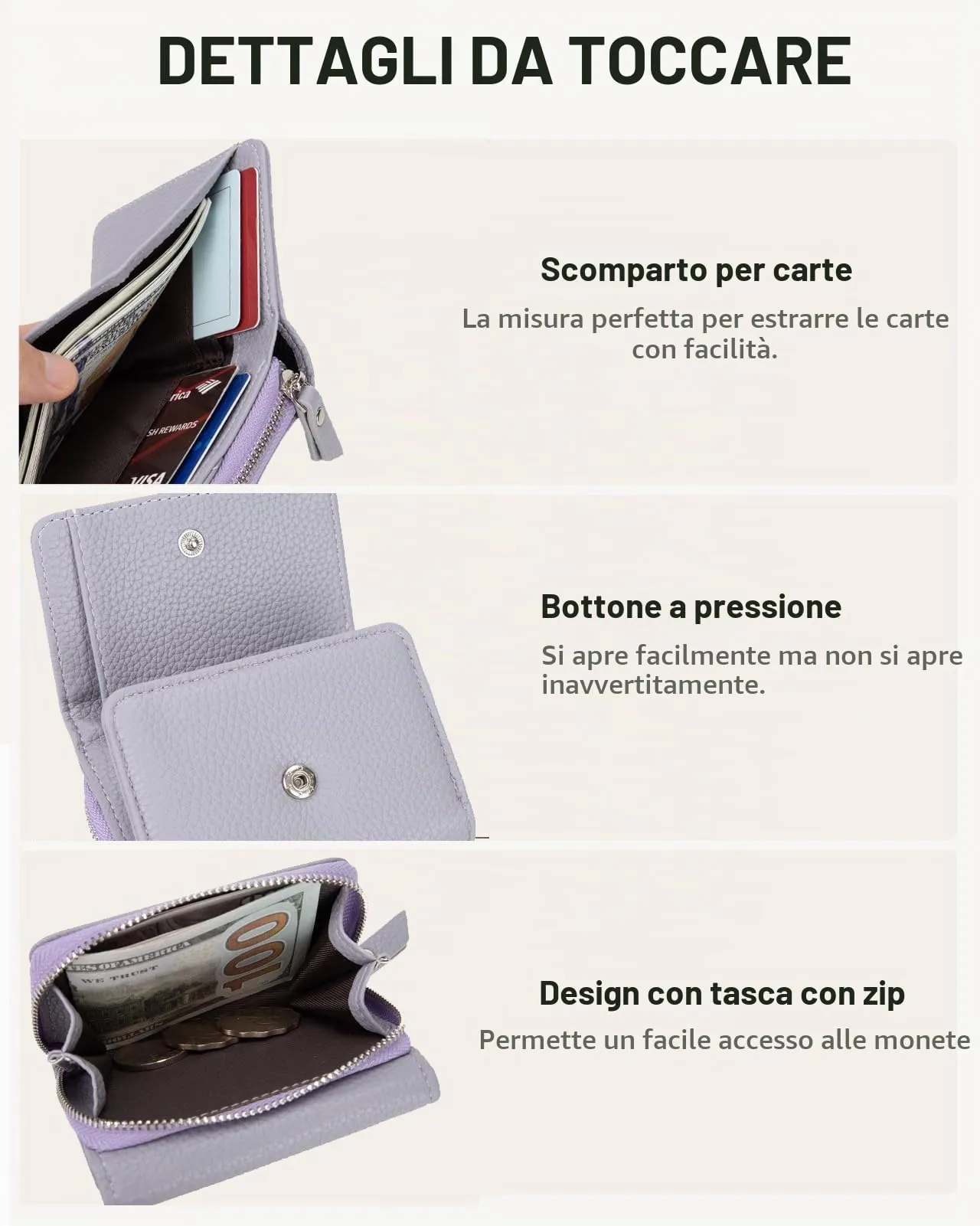 CHAOFANXI Portafoglio Donna Piccolo in Pelle da Donna, Portamonete Piccoli Trifold Piccola Corto Portamonete con 6 Scomparti per Carte con 1 Sezione di Fattura e 1 Tasca con Cerniera,Viola Chiaro - immagine 5