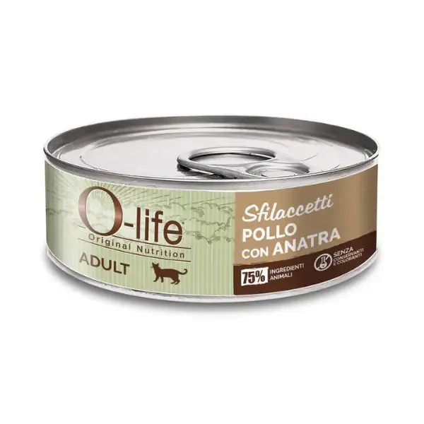 O-life Cat Adult Sfilaccetti 70 gr Pollo e anatra - confezione da 6 pezzi - Cibo umido per gatti - immagine 1