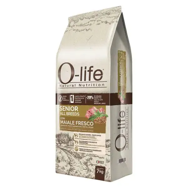 O-life Dog Grain Free Senior All Breeds Maiale fresco 7 kg - Croccantini per cani - immagine 1