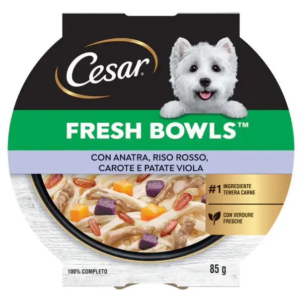 Cesar Fresh Bowls alimento completo per cani di piccola taglia 85 gr Anatra, riso rosso, carote e patate viola - confezione da 10 pezzi - Cibo umido per cani - immagine 1