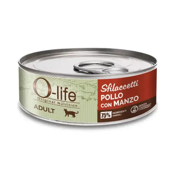 O-life Cat Adult Sfilaccetti 70 gr Pollo e manzo - confezione da 6 pezzi - Cibo umido per gatti - immagine 1