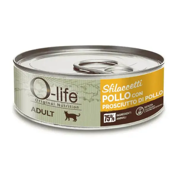 O-life Cat Adult Sfilaccetti 70 gr Pollo con prosciutto di pollo - confezione da 6 pezzi - Cibo umido per gatti - immagine 1