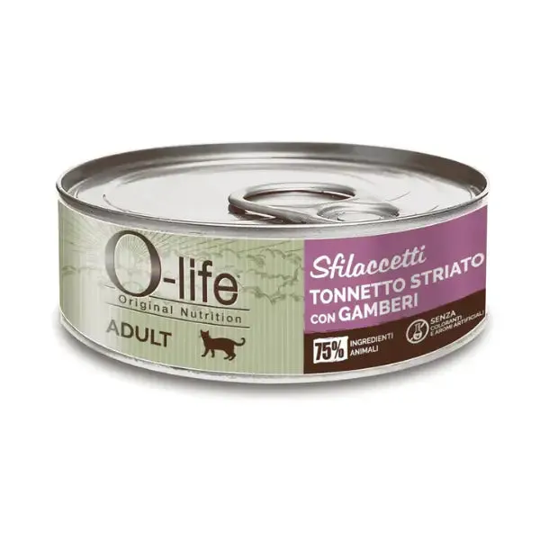 O-life Cat Adult Sfilaccetti 70 gr Tonnetto striato con gamberetti - confezione da 6 pezzi - Cibo umido per gatti - immagine 1