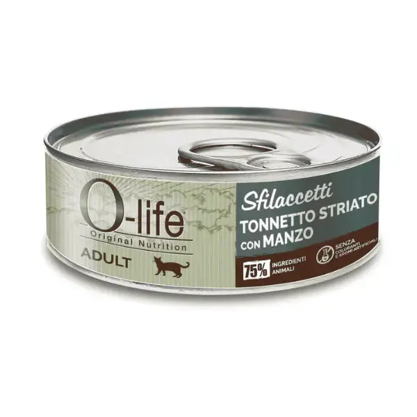O-life Cat Adult Sfilaccetti 70 gr Tonnetto con manzo - confezione da 6 pezzi - Cibo umido per gatti - immagine 1