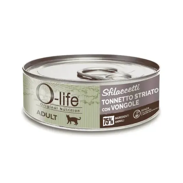 O-life Cat Adult Sfilaccetti 70 gr Tonnetto striato con vongole - confezione da 6 pezzi - Cibo umido per gatti - immagine 1