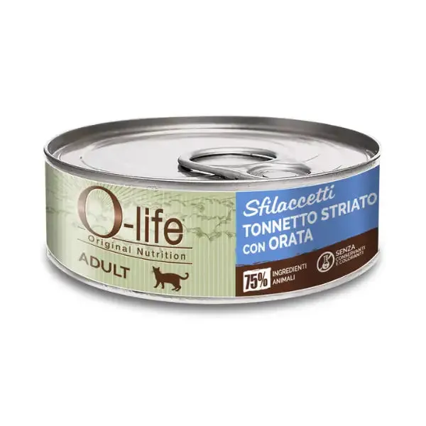 O-life Cat Adult Sfilaccetti 70 gr Tonnetto striato e orata - confezione da 6 pezzi - Cibo umido per gatti - immagine 1