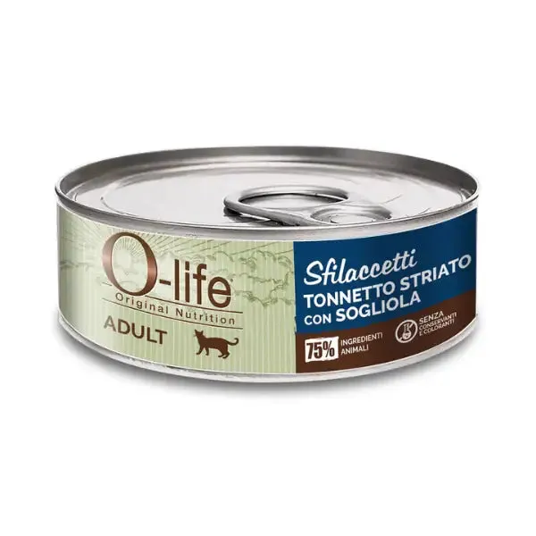 O-life Cat Adult Sfilaccetti 70 gr Tonnetto striato e sogliola - confezione da 6 pezzi - Cibo umido per gatti - immagine 1