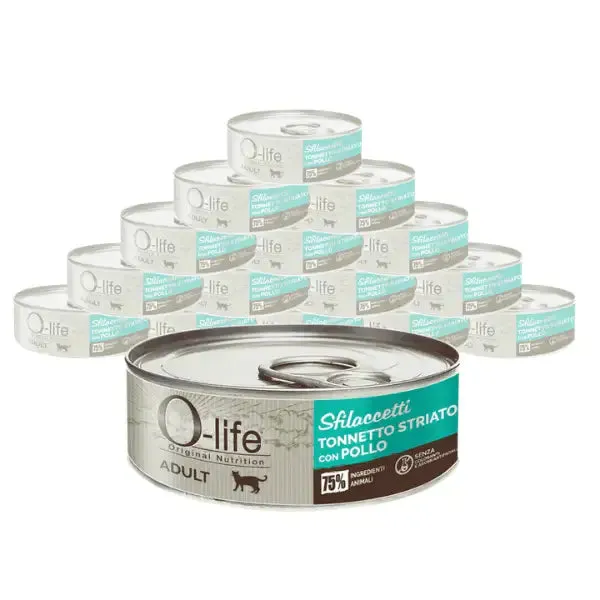 O-life Cat Adult Sfilaccetti 70 gr Tonnetto striato con pollo - confezione da 6 pezzi - Cibo umido per gatti - immagine 1