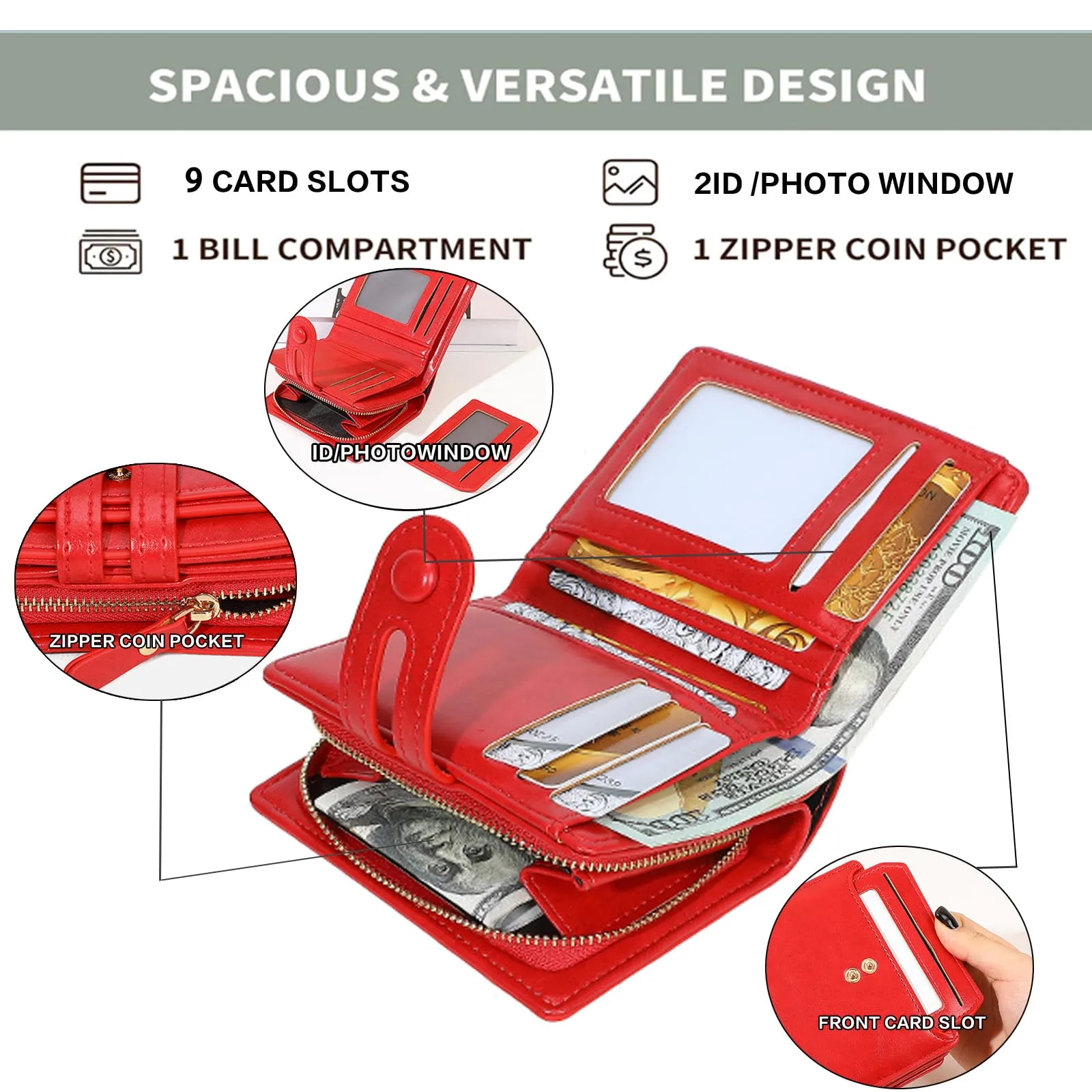 CHAOFANXI Portafoglio Donna Piccolo in Pelle da Donna, Portamonete Piccoli Bloccaggio RFID Corto Portamonete con 9 Scomparti per Carte con 2 Finestra di Identificazione e 1 grande tasca,Marrone - immagine 4