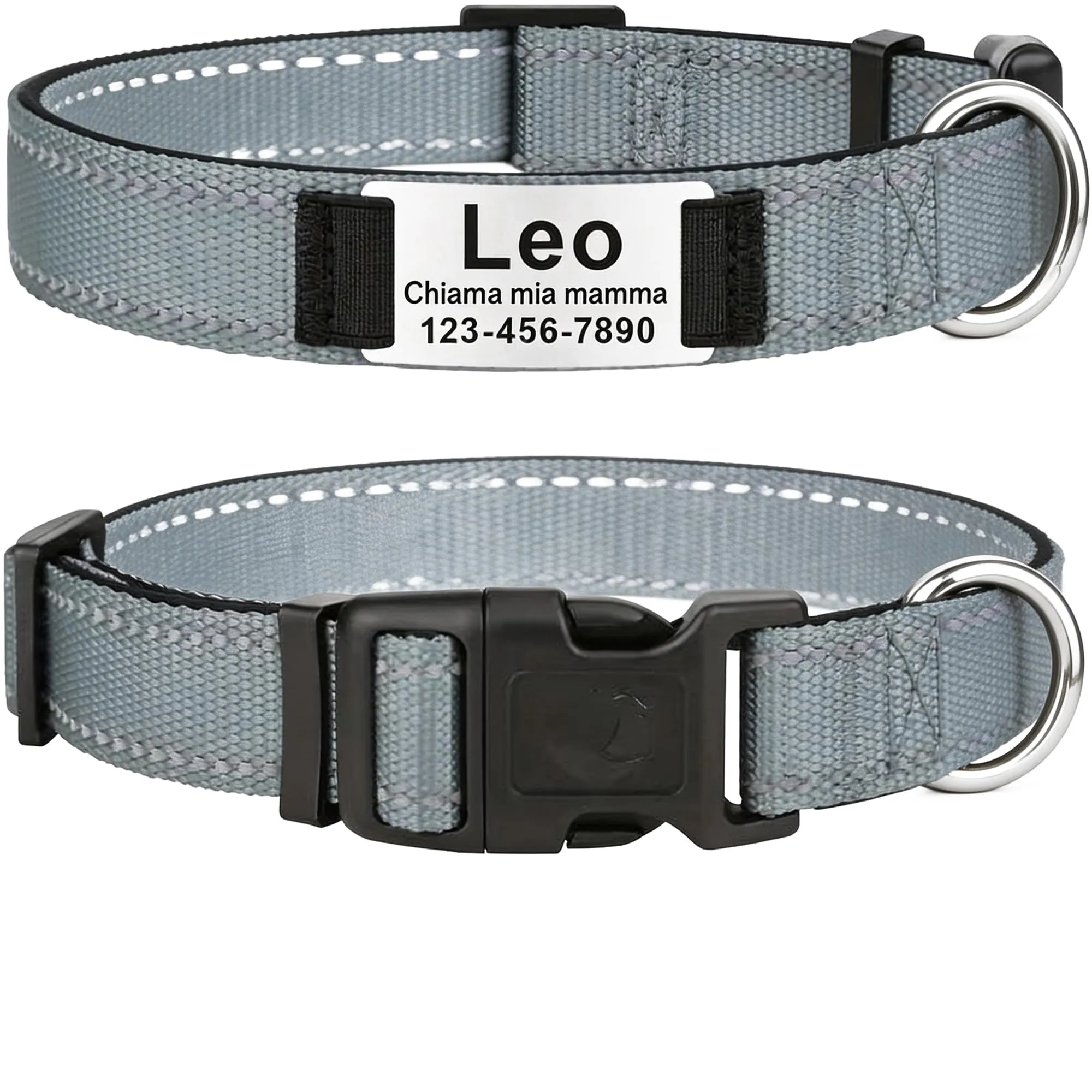 MENKËLL - Collare personalizzato per cani, gatti regolabile e riflettente, in nylon resistente, con incisione laser targhetta in metallo, nome, indirizzo, varie misure (GRIGIO, S: 33-43cm) - immagine 1