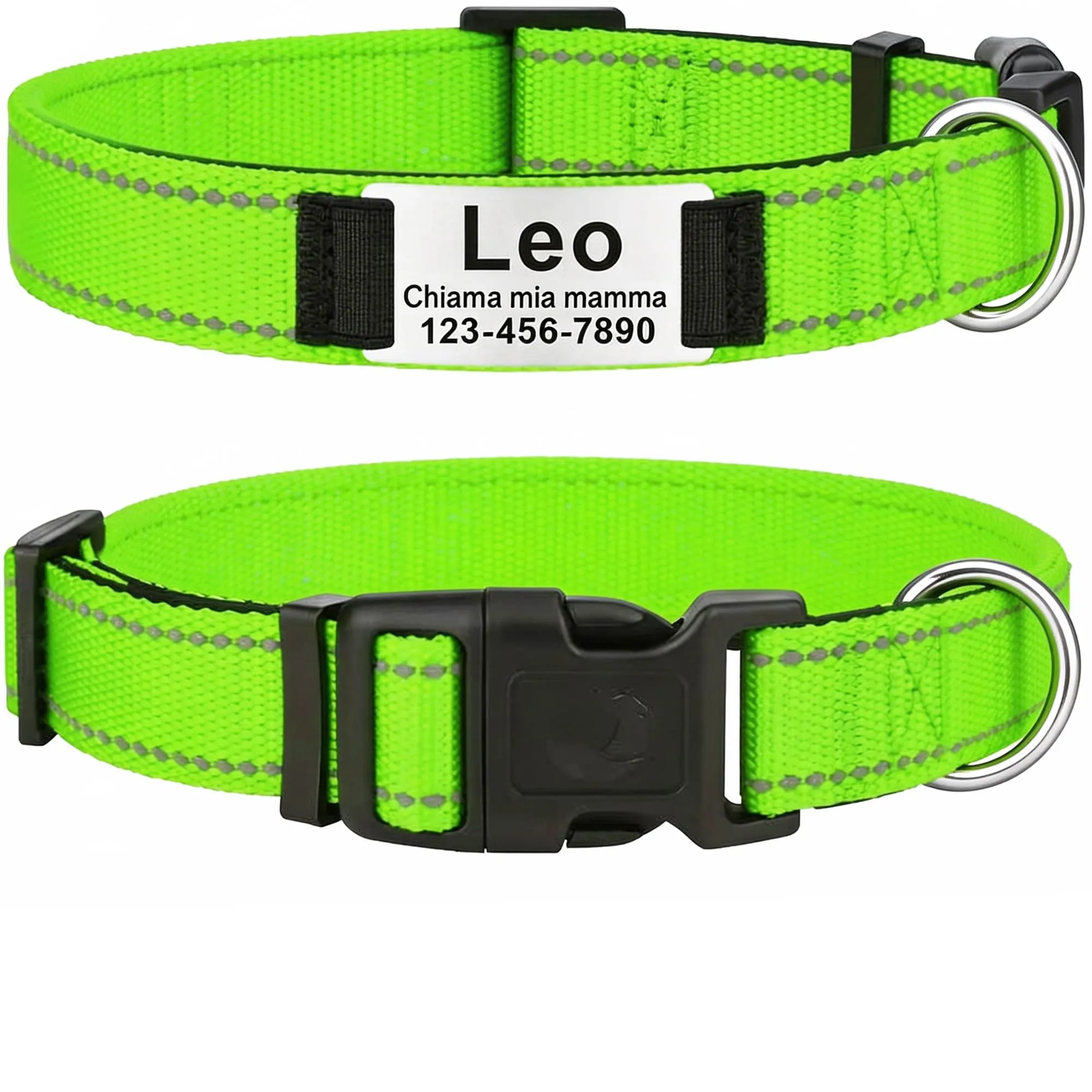 MENKËLL - Collare personalizzato per cani, gatti regolabile e riflettente, in nylon resistente, con incisione laser targhetta in metallo, nome, indirizzo, varie misure (VEDE LIME, XL: 51-76cm) - immagine 1