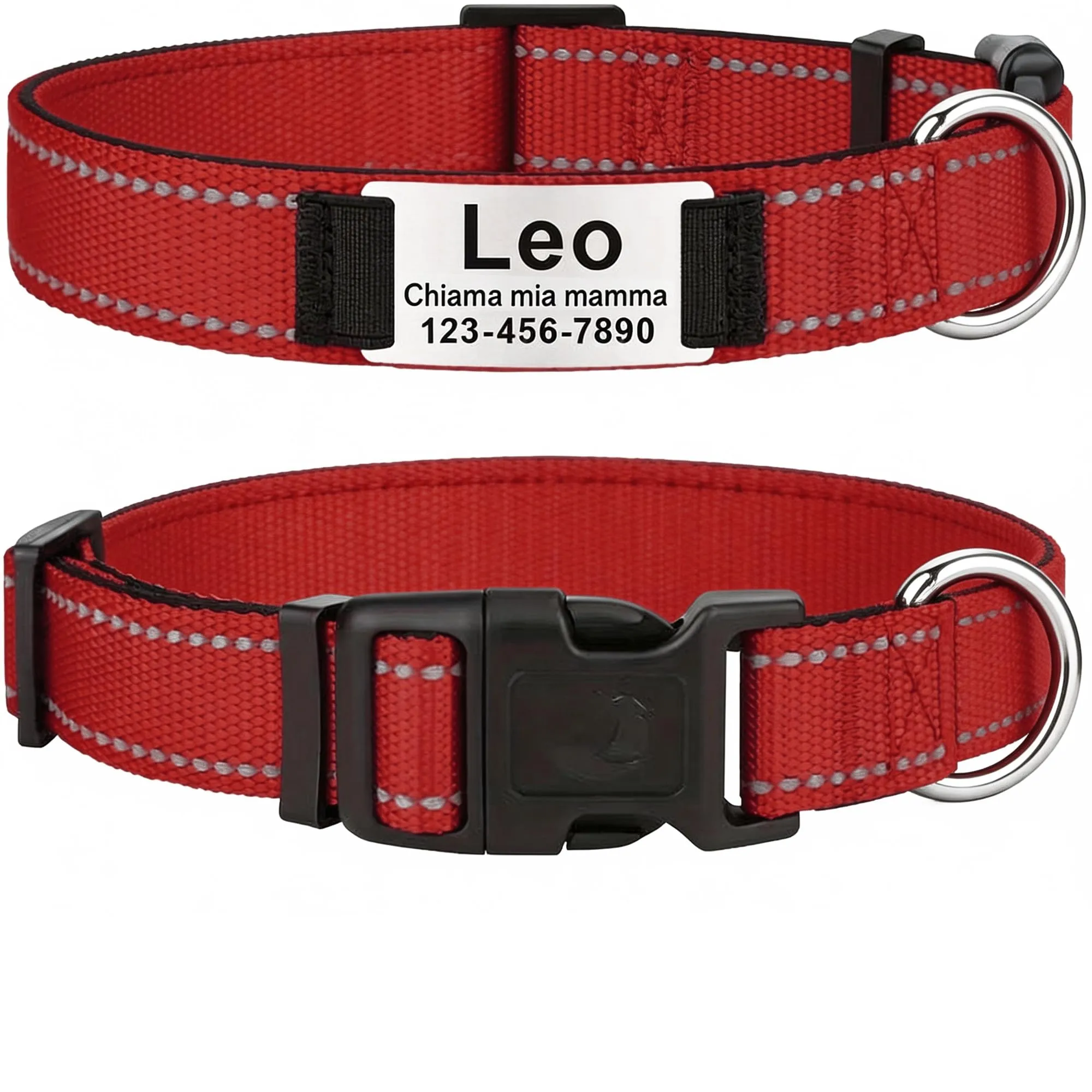 MENKËLL - Collare personalizzato per cani, gatti regolabile e riflettente, in nylon resistente, con incisione laser targhetta in metallo, nome, indirizzo, varie misure (ROSSO, L: 45-65cm) - immagine 1