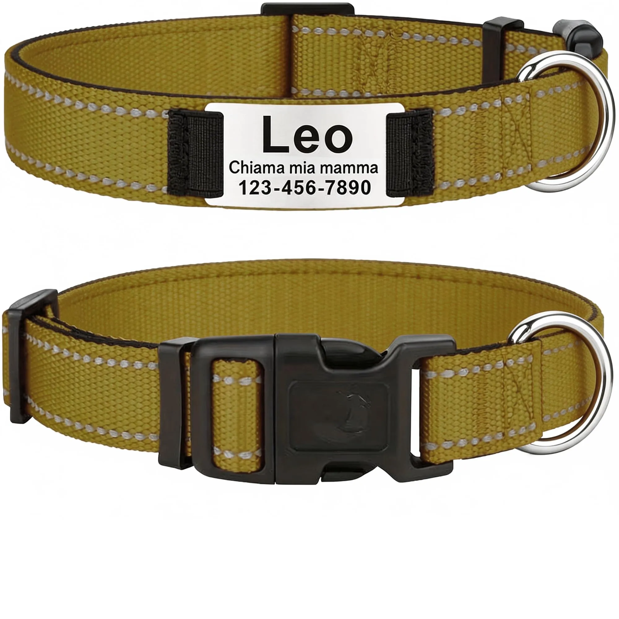 MENKËLL - Collare personalizzato per cani, gatti regolabile e riflettente, in nylon resistente, con incisione laser targhetta in metallo, nome, indirizzo, varie misure (ORO, S: 33-43cm) - immagine 1