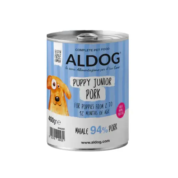 Aldog Super Premium Puppy e Junior All Breeds 400 gr Maiale - confezione da 6 pezzi - Cibo umido per cani - immagine 1