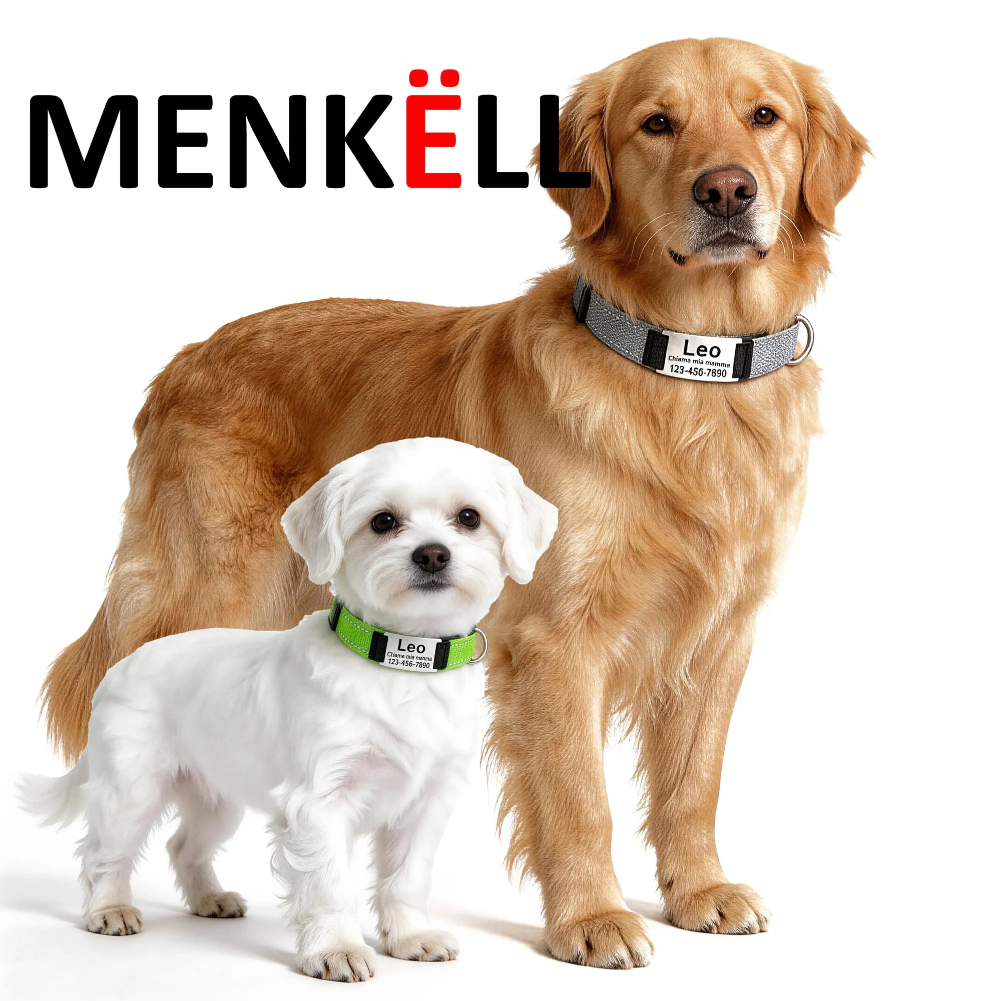 MENKËLL - Collare personalizzato per cani, gatti regolabile e riflettente, in nylon resistente, con incisione laser targhetta in metallo, nome, indirizzo, varie misure (ROYAL, S: 33-43cm) - immagine 4