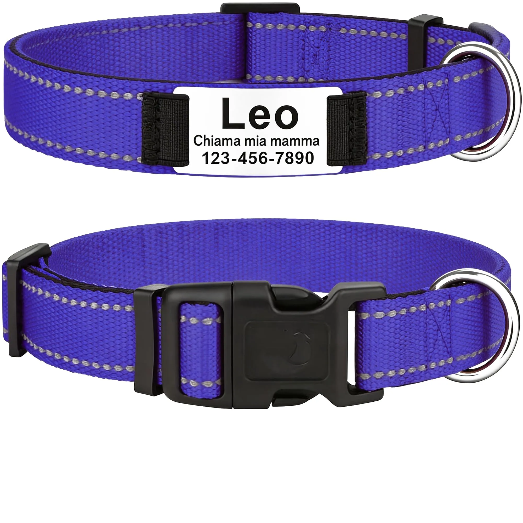 MENKËLL - Collare personalizzato per cani, gatti regolabile e riflettente, in nylon resistente, con incisione laser targhetta in metallo, nome, indirizzo, varie misure (VIOLA, M: 42-55cm) - immagine 1
