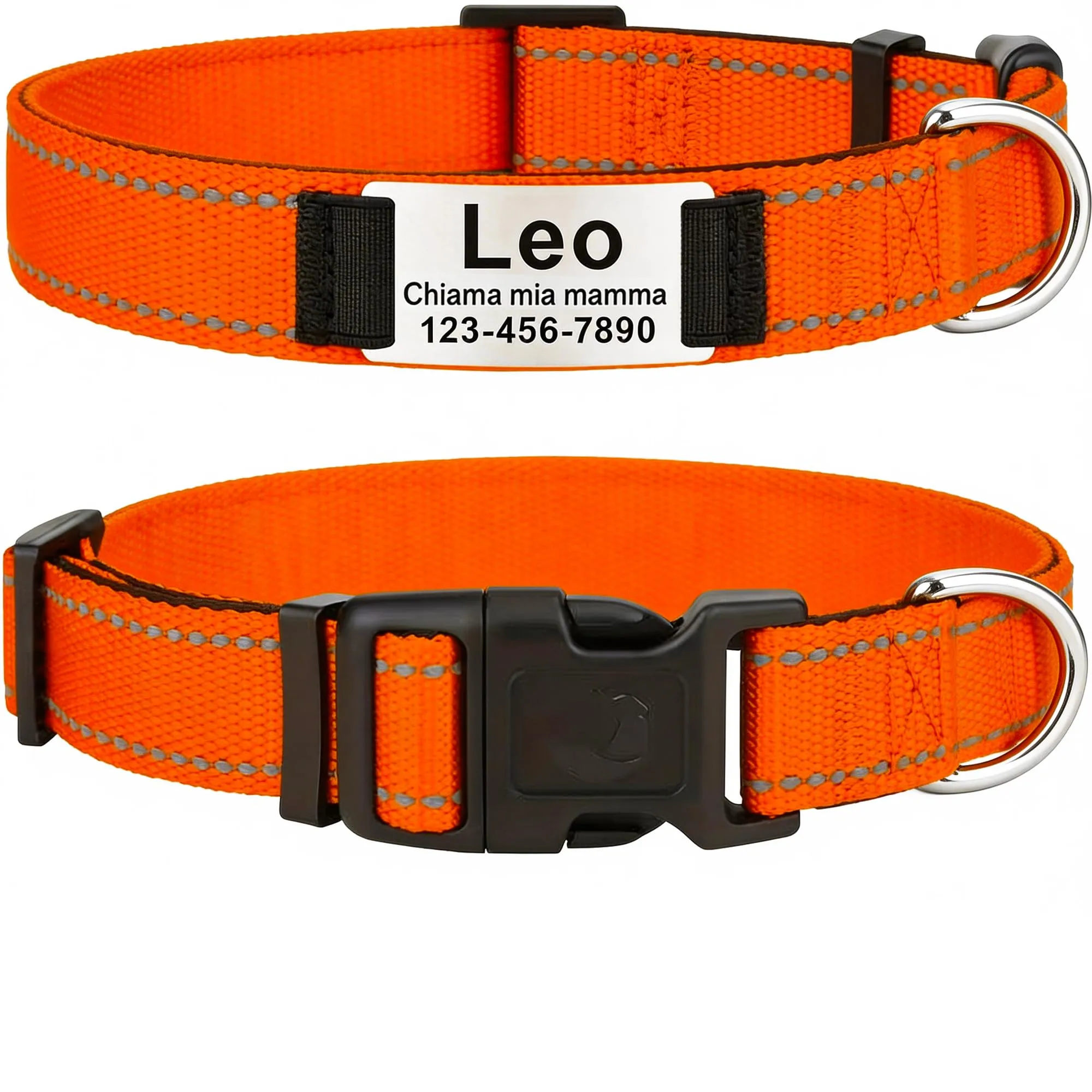 MENKËLL - Collare personalizzato per cani, gatti regolabile e riflettente, in nylon resistente, con incisione laser targhetta in metallo, nome, indirizzo, varie misure (ARANCIONE, M: 42-55cm) - immagine 1