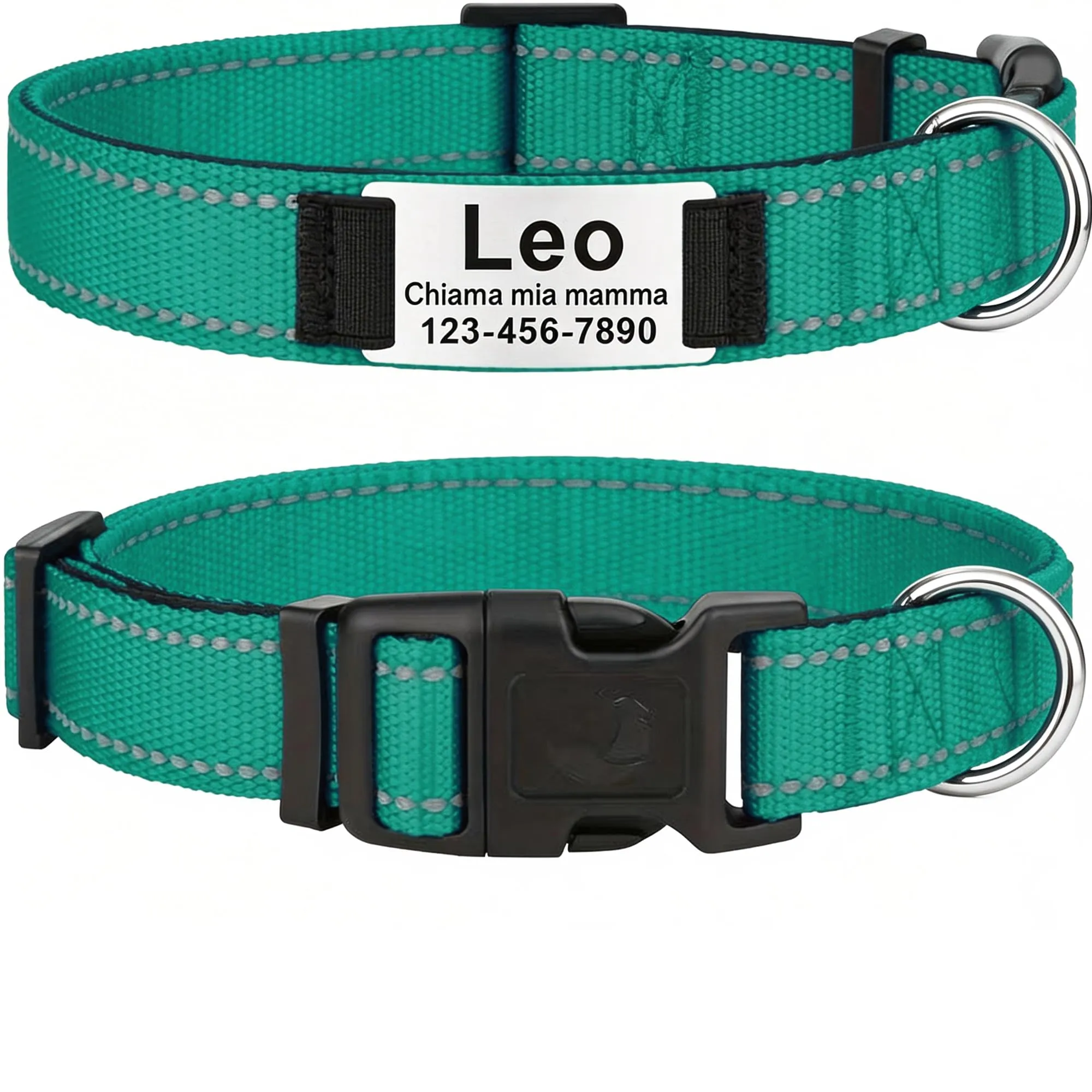 MENKËLL - Collare personalizzato per cani, gatti regolabile e riflettente, in nylon resistente, con incisione laser targhetta in metallo, nome, indirizzo, varie misure (VERDE ACQUA, L: 45-65cm) - immagine 1