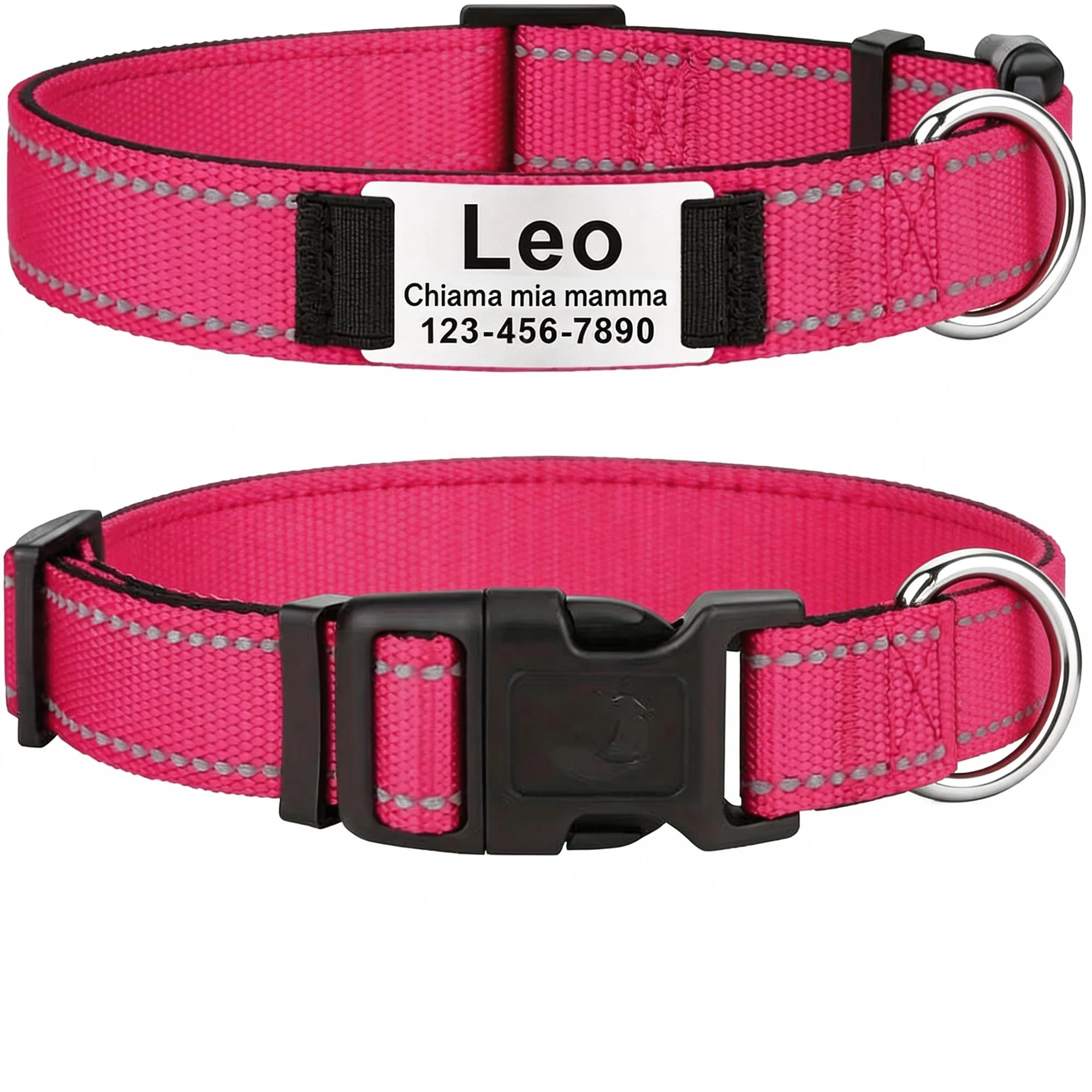 MENKËLL - Collare personalizzato per cani, gatti regolabile e riflettente, in nylon resistente, con incisione laser targhetta in metallo, nome, indirizzo, varie misure (ROSA, S: 33-43cm) - immagine 1