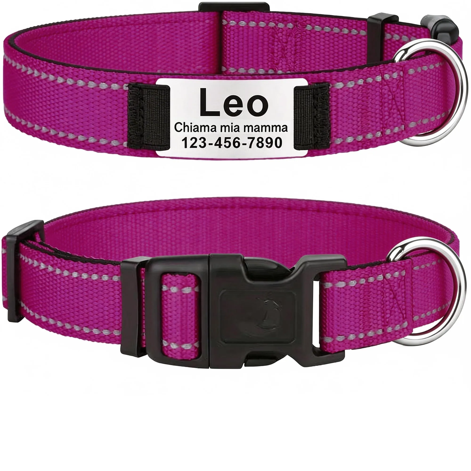 MENKËLL - Collare personalizzato per cani, gatti regolabile e riflettente, in nylon resistente, con incisione laser targhetta in metallo, nome, indirizzo, varie misure (FUCSIA, M: 42-55cm) - immagine 1