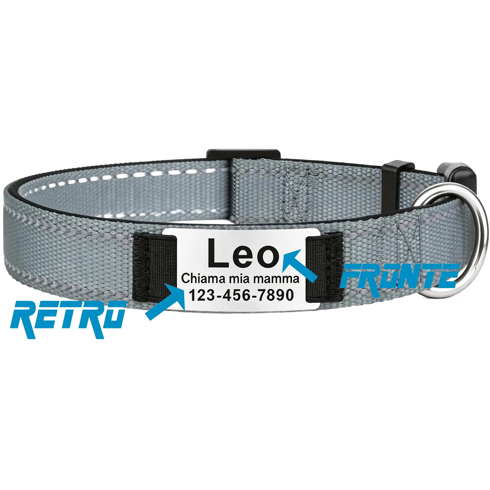 MENKËLL - Collare personalizzato per cani, gatti regolabile e riflettente, in nylon resistente, con incisione laser targhetta in metallo, nome, indirizzo, varie misure (GRIGIO, XL: 51-76cm) - immagine 3