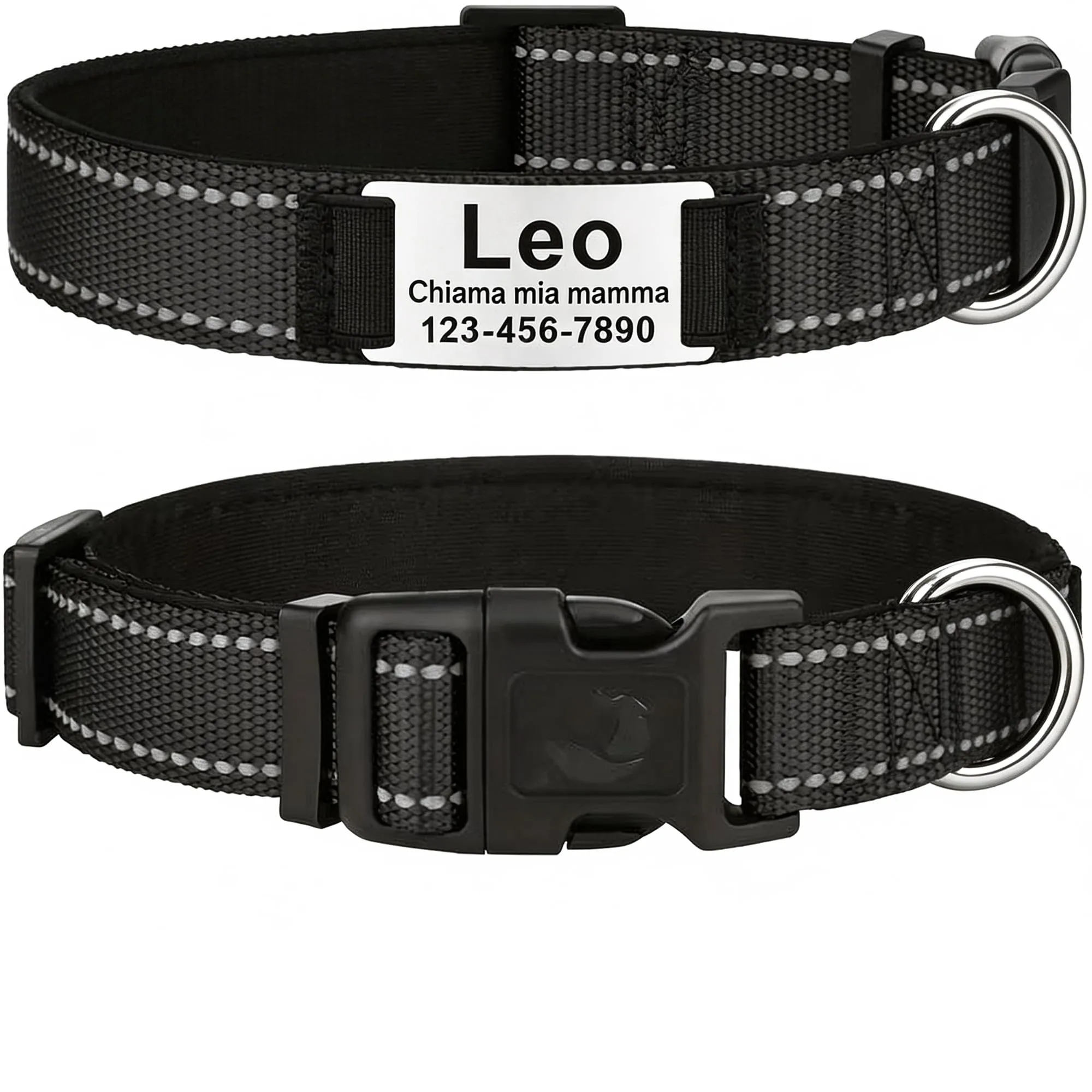 MENKËLL - Collare personalizzato per cani, gatti regolabile e riflettente, in nylon resistente, con incisione laser targhetta in metallo, nome, indirizzo, varie misure (NERO, XL: 51-76cm) - immagine 1