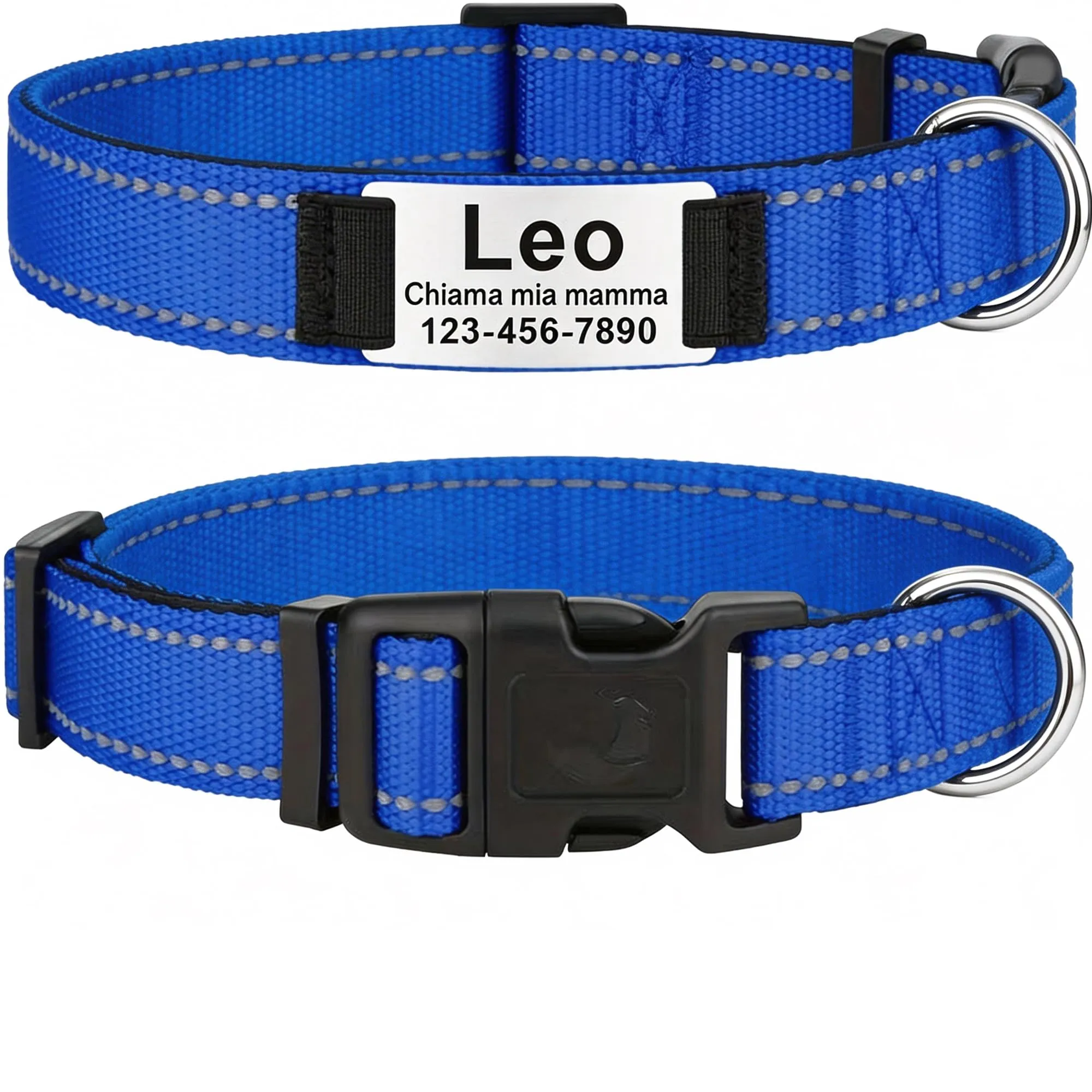 MENKËLL - Collare personalizzato per cani, gatti regolabile e riflettente, in nylon resistente, con incisione laser targhetta in metallo, nome, indirizzo, varie misure (ROYAL, XS: 27-36cm) - immagine 1