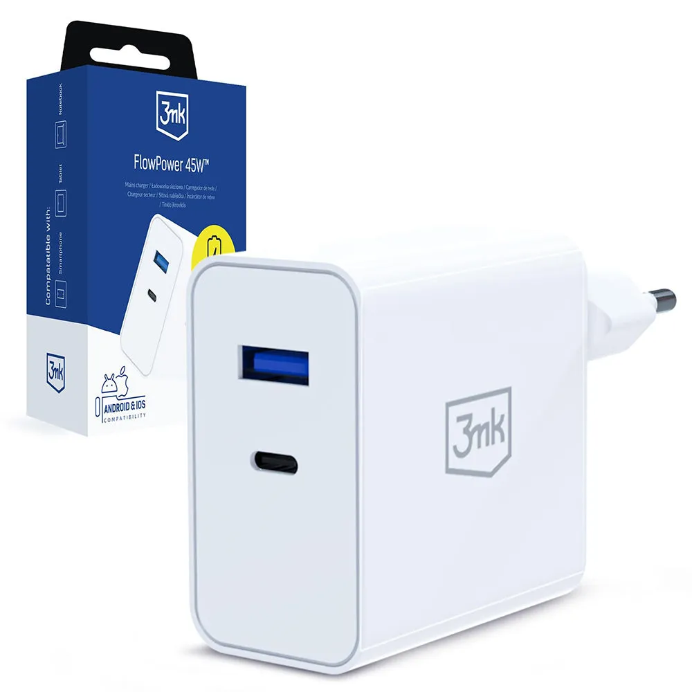 Caricatore da rete 3MK FlowPower, 45W, 1 x USB-A - 1 x USB-C, Bianco - immagine 1