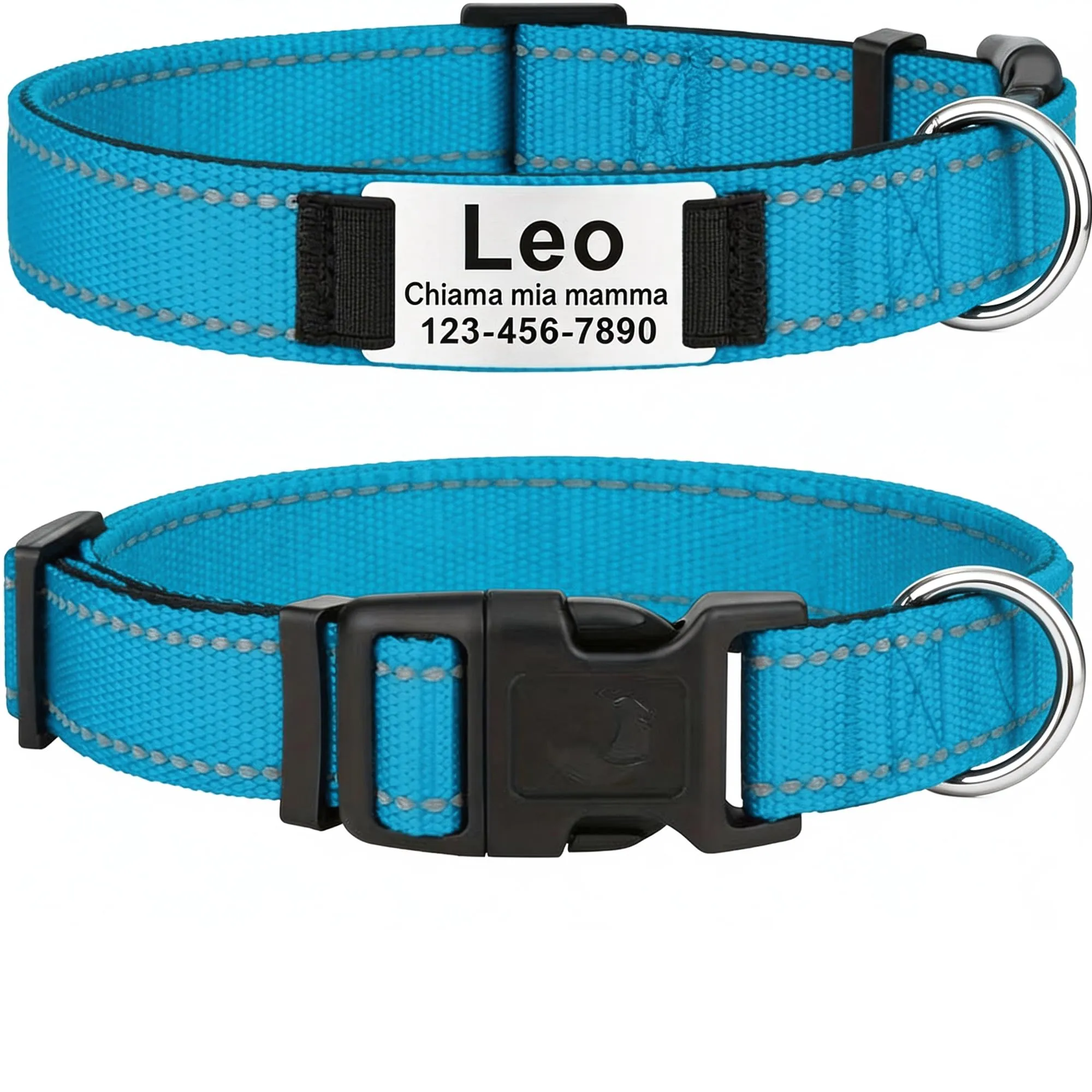 MENKËLL - Collare personalizzato per cani, gatti regolabile e riflettente, in nylon resistente, con incisione laser targhetta in metallo, nome, indirizzo, varie misure (AZZURRO, L: 45-65cm) - immagine 1